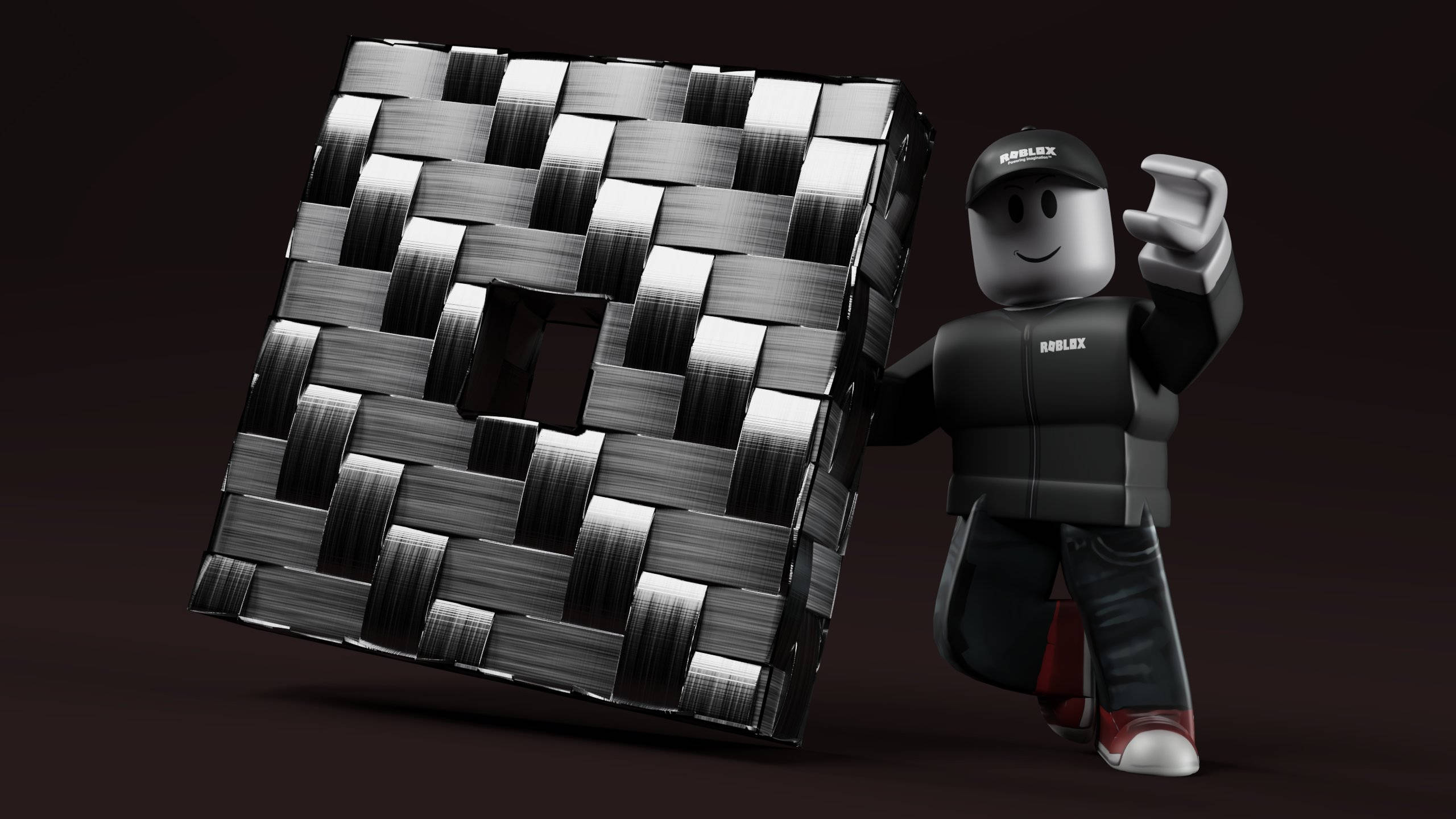 Roblox 桌布 壁紙 — 一個身穿黑色裝備的 Roblox 角色在深色背景前手持一個大型編織金屬立方體。
