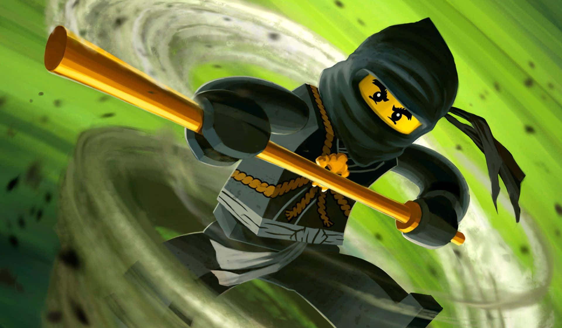 Ninjago 桌布 壁紙 — 一個身穿黑色裝備的LEGO忍者，在旋轉的綠色能量中以動態動作姿勢揮舞金色法杖。
