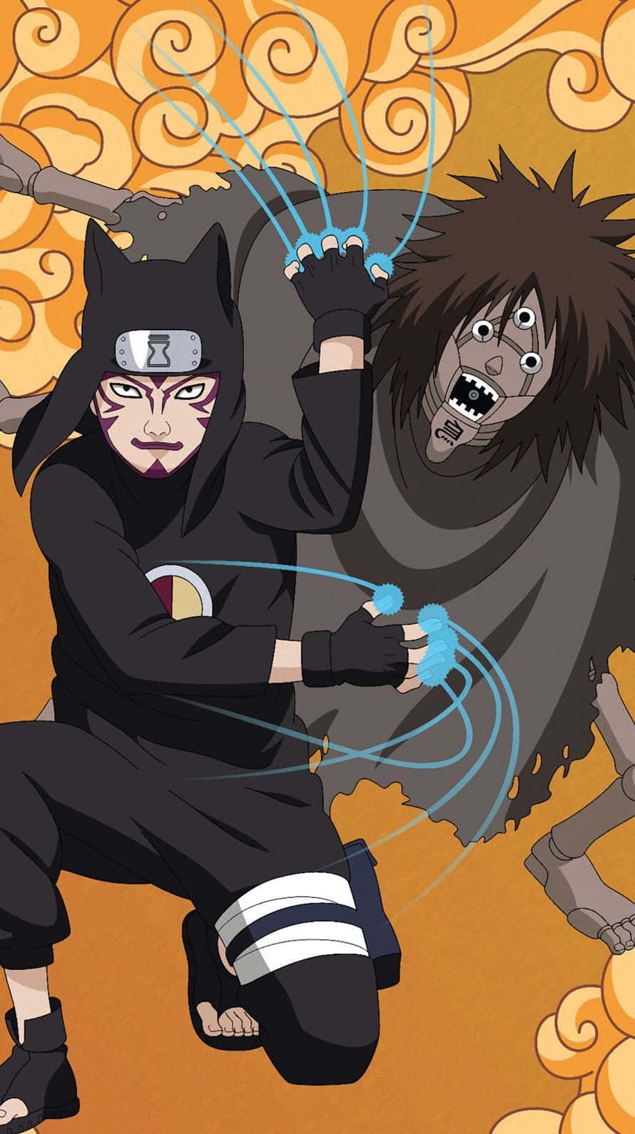 Kankuro 桌布 壁紙 — 一個身穿黑色裝備的動漫忍者，在旋轉的橙色雲層中揮舞著藍色查克拉鎖鏈，對抗一個 monstrous 陰影對手。
