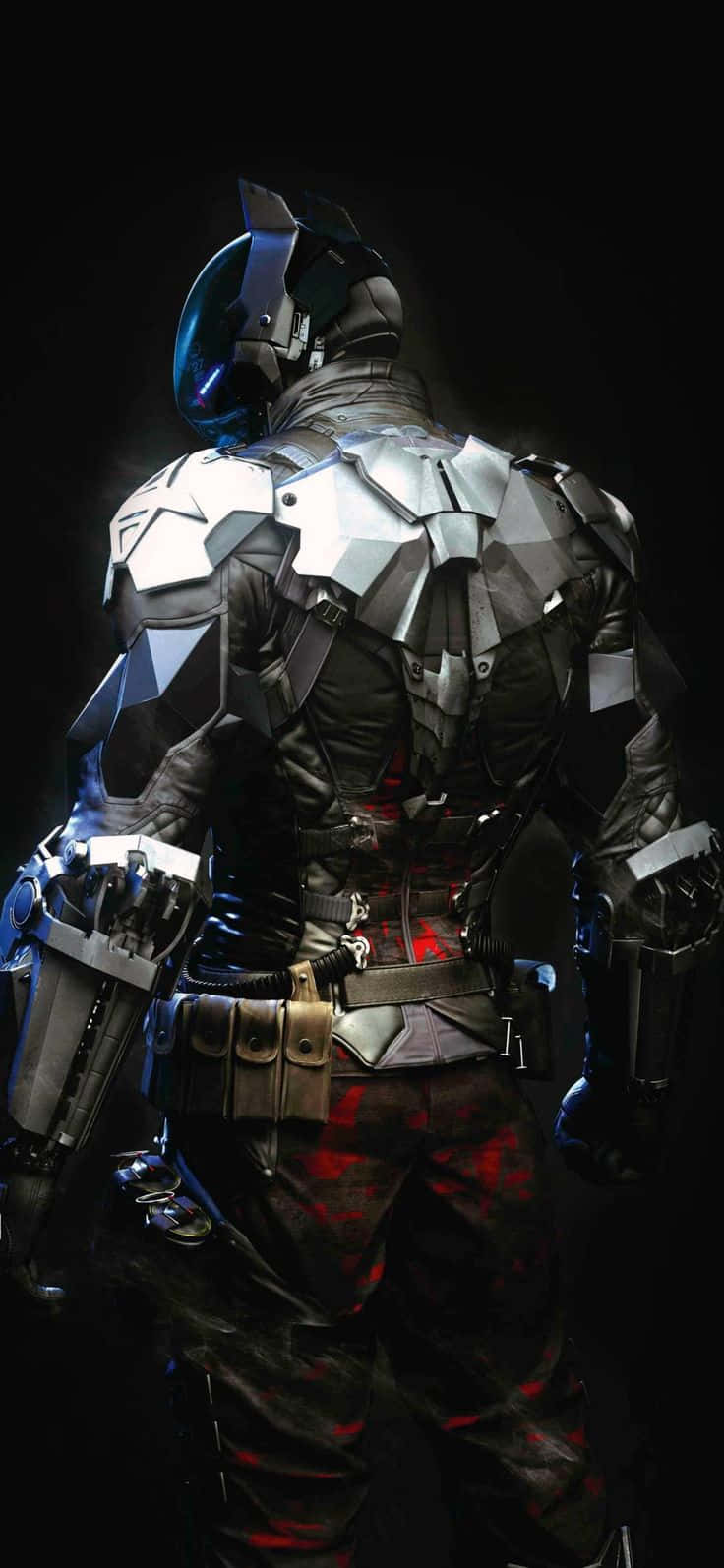 Batman Arkham Knight 桌布 壁紙 — 一個身穿黑色裝甲的蝙蝠俠在黑色背景前以剪影姿態站立，頭罩發出藍光，裝備上有紅色濺痕。
