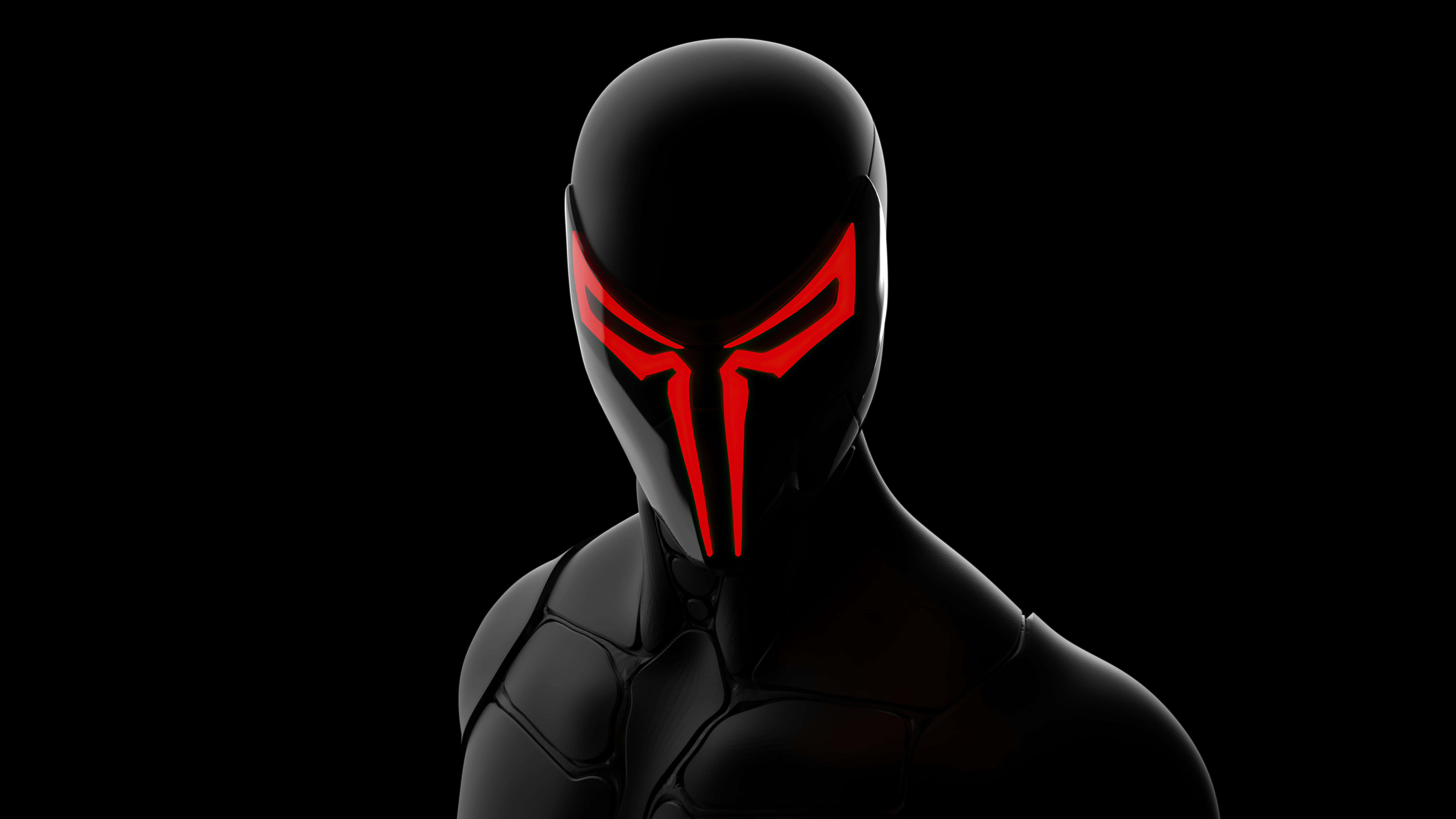 Spider Man 2099 桌布 壁紙 — 一個身穿黑色西裝、帶有發光紅眼的威脅性人物，在漆黑背景前直視前方。