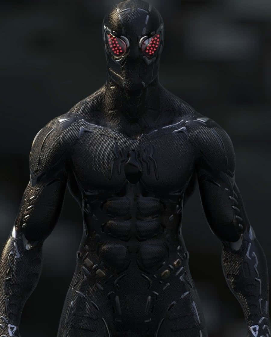 Vibranium Suit 桌布 壁紙 — 一個身穿黑色西裝、眼睛發出紅光的威脅性超級英雄，站在黑暗陰沉的環境中。