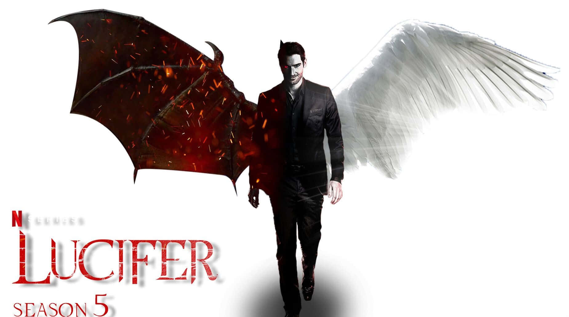 Lucifer Wings 桌布 壁紙 — 一個身穿黑色西裝的男人向前走，背後有一個惡魔翅膀和一個天使翅膀，背景是純白色。