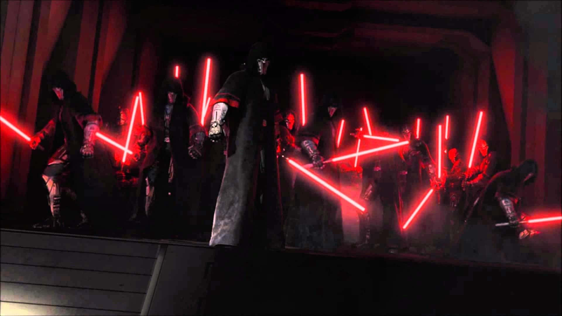 Lightsaber Duels 桌布 壁紙 — 一個身穿黑色長袍的威脅性西斯尊主站在中央，被紅色光照的西斯戰士包圍，他們在黑暗洞穴般的大廳中揮舞著發光的紅色光劍。