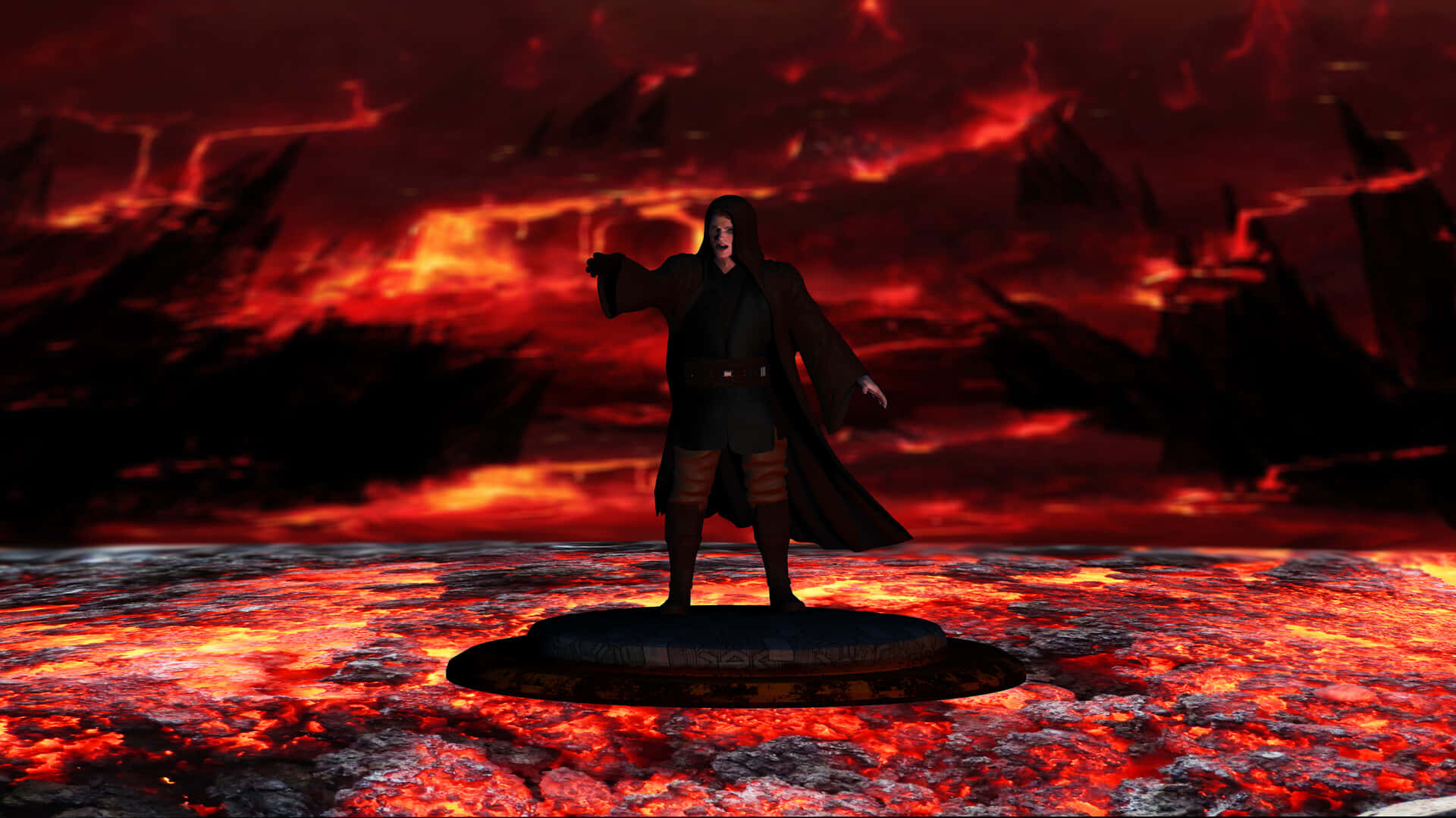Mustafar 桌布 壁紙 — 一個身穿黑袍的身影站在石台上，周圍是熾熱的火山景觀，有發光的熔岩和鋸齒狀的山峰，天空呈深紅色。