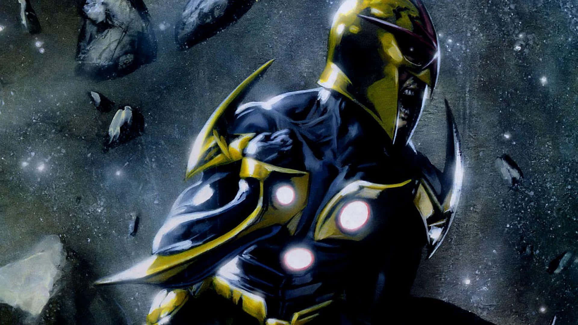 Nova Corps 桌布 壁紙 — 一個身穿黑金裝甲的威嚇戰士，站在星際虛空中漂浮的小行星之間。