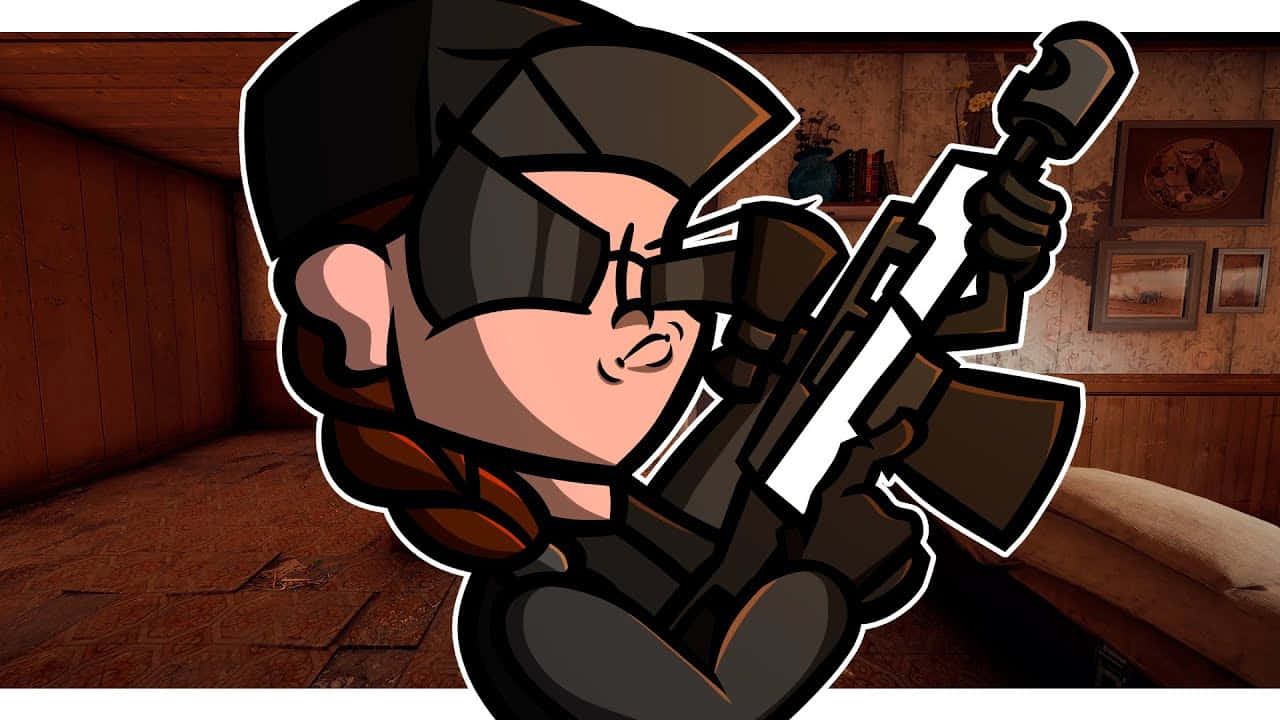 Rainbow Six Siege Ash 桌布 壁紙 — 一個辮子頭髮、戴護目鏡的卡通士兵在一個木製房間裡瞄準步槍，牆上掛著帶框的圖片。