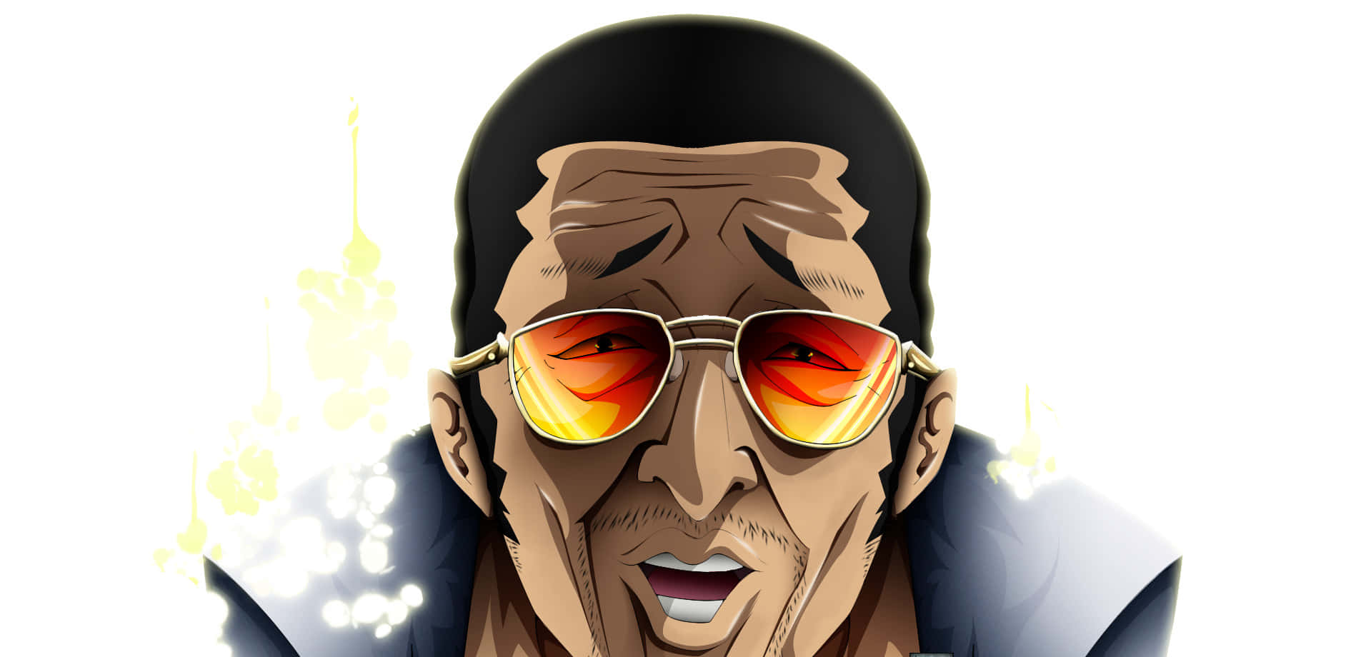 Kizaru 桌布 壁紙 — 一個近距離動漫男子，深色頭髮，戴著橙色太陽眼鏡，在明亮的白色背景上微笑，背景有發光的黃色閃光。