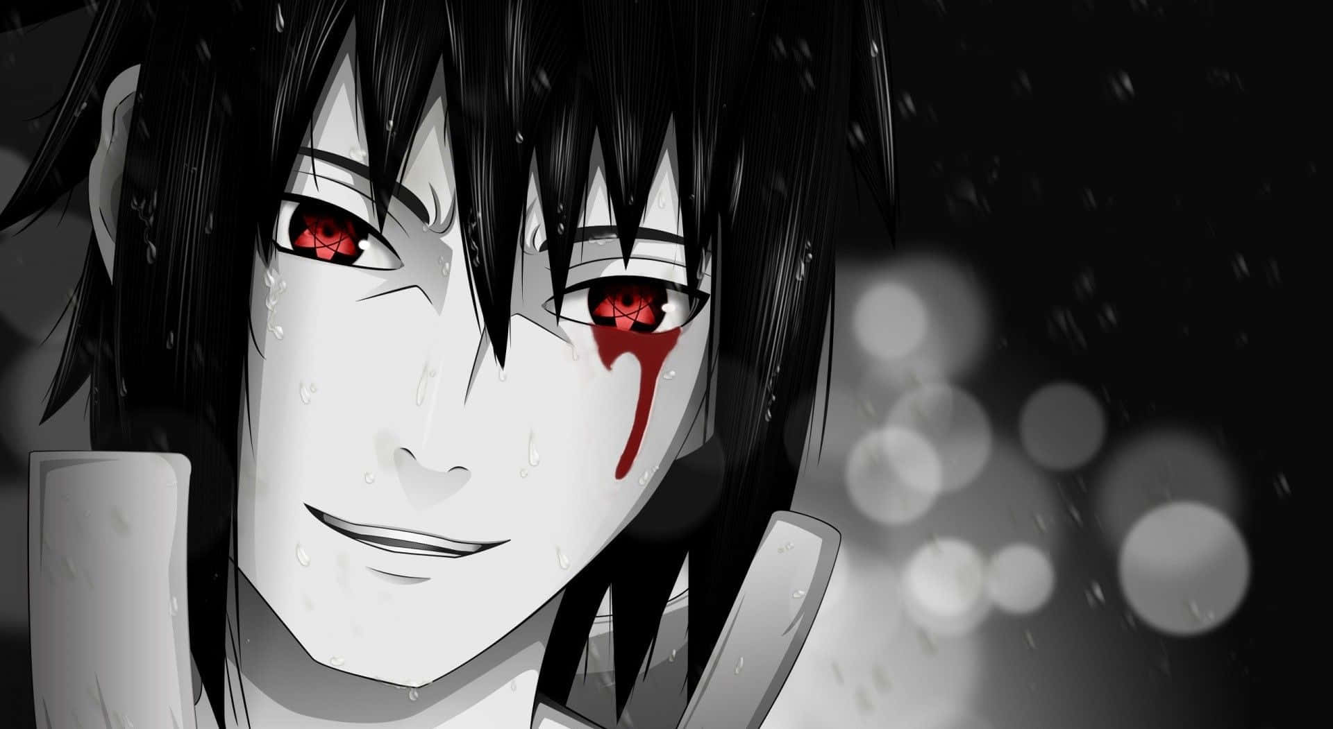 Sasuke Uchiha Anime Depression 壁紙 — 一個近距離動漫角色，黑髮紅眼，流著血淚，在黑暗的雨景背景下微笑。
