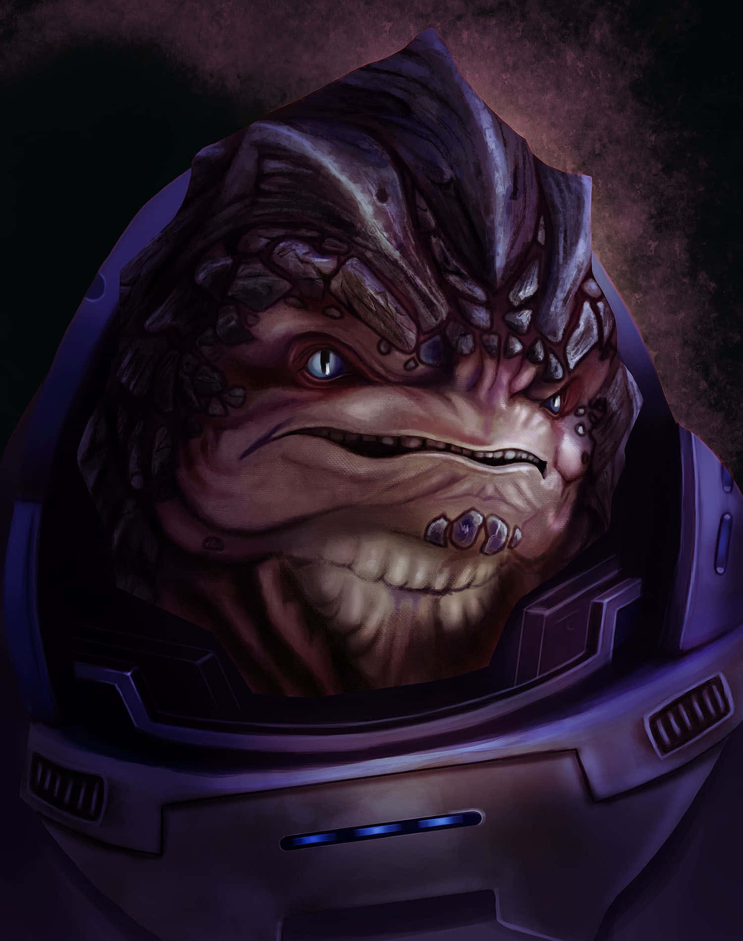 Mass Effect Grunt 桌布 壁紙 — 一個近距離拍攝的怪異外星生物，擁有紋理皮膚和發光的藍色眼睛，戴著未來風格的頭盔。
