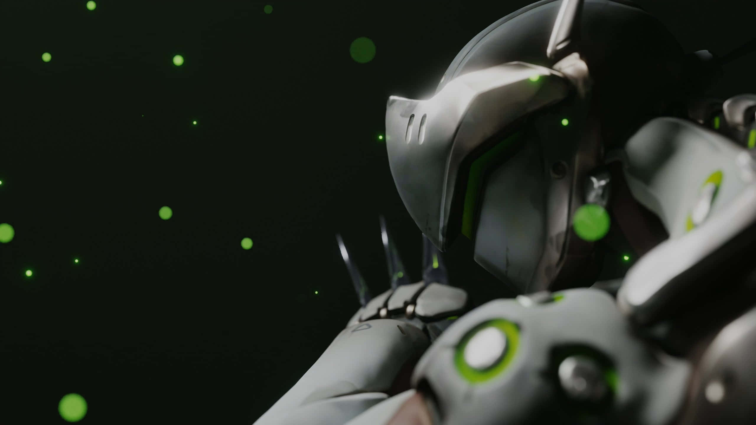 Overwatch Genji 桌布 壁紙 — 一個近距離拍攝的未來風格裝甲機械人，帶有發光的綠色點綴，背景是深色並點綴著漂浮的綠色球體。