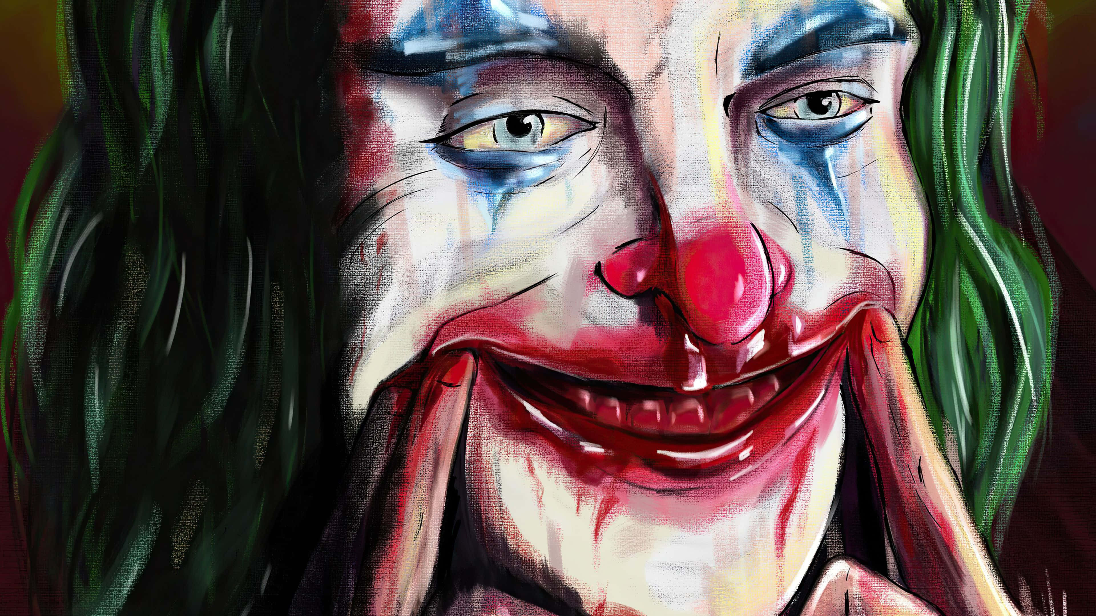 Joker Painting 桌布 壁紙 — 一個近距離數碼繪畫，描繪一個帶有綠色頭髮、紅色嘴唇和化妝暈染的可怕小丑，露出邪惡的笑容。