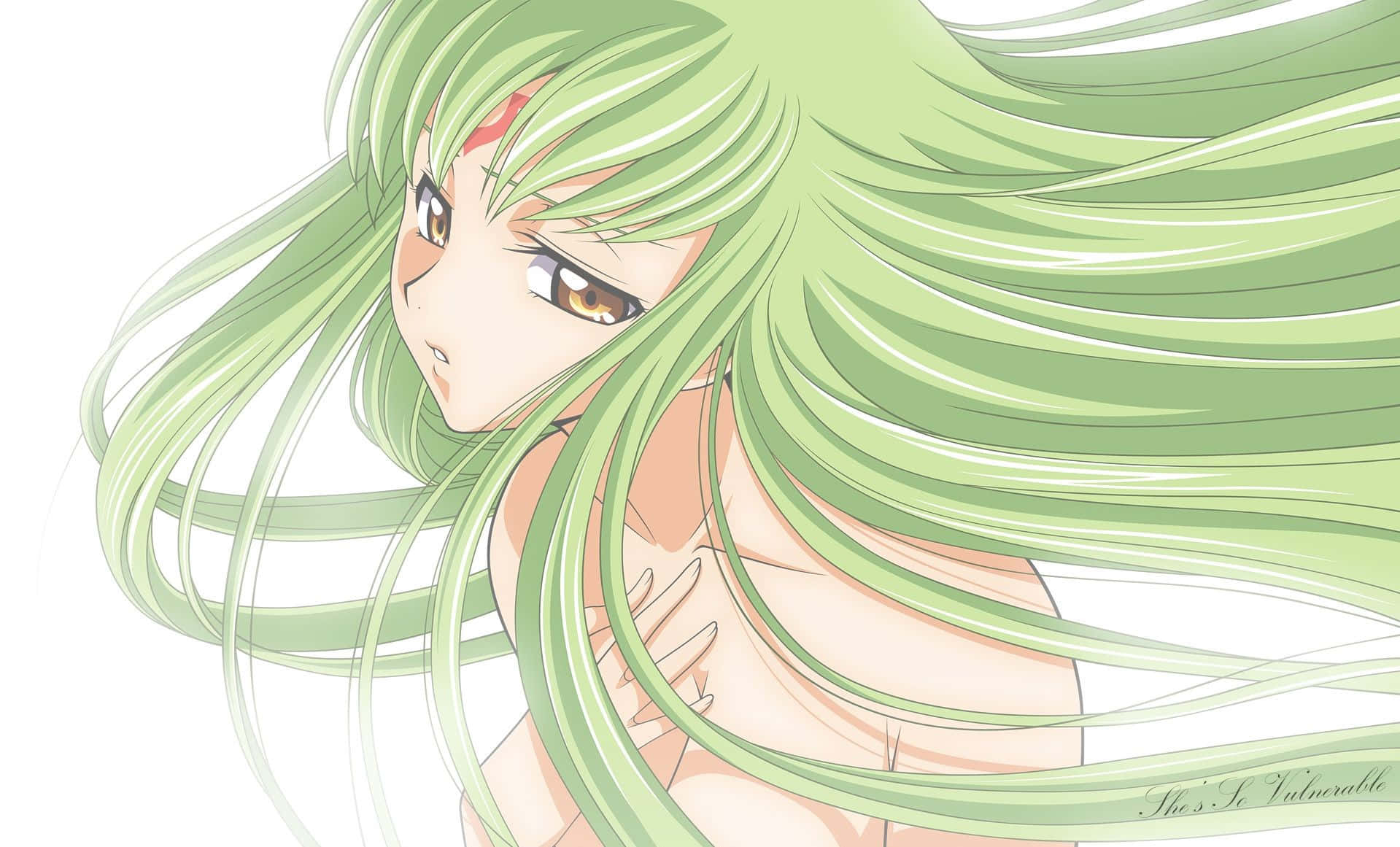 Code Geass C.c. 桌布 壁紙 — 一個近距離的動漫女孩，擁有長長飄逸的綠色頭髮和琥珀色的眼睛，在純白色背景上溫柔地凝視。