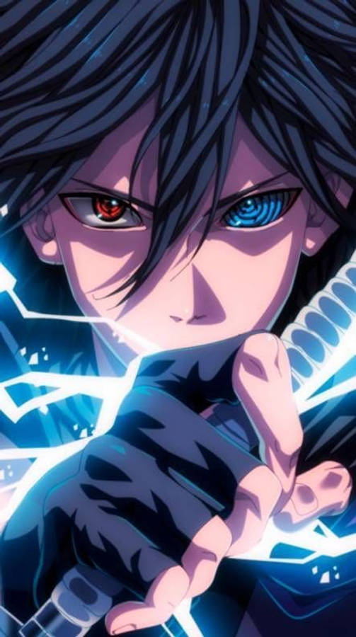 sasuke uchiha 桌布 壁紙 — 一個近距離的動漫角色，擁有不同顏色的紅色和藍色眼睛，深色頭髮，從手中釋放出發光的藍色能量。