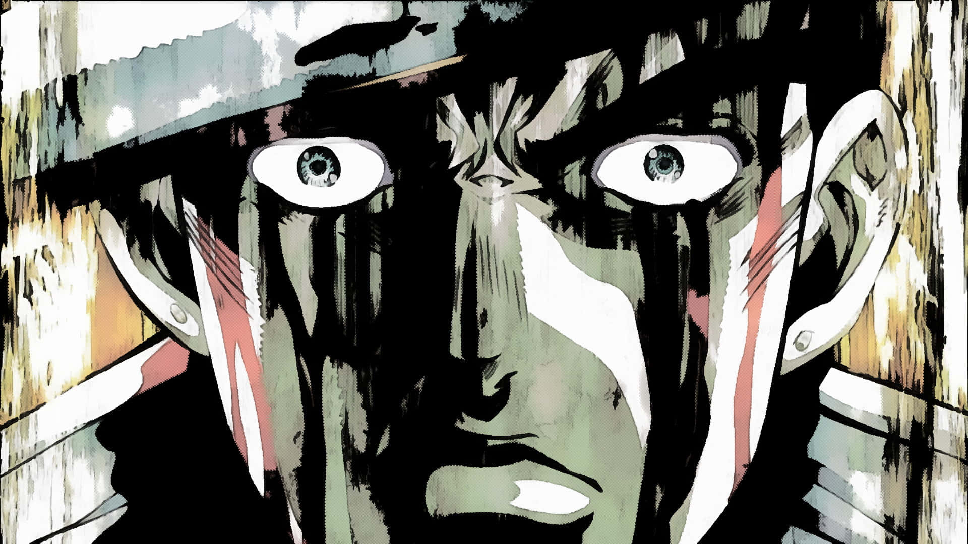 Jotaro Kujo 桌布 壁紙 — 一個近距離的動漫角色，擁有寬大的眼睛和陰沉的表情，以高對比度的黑白灰調呈現，並帶有紅色點綴。