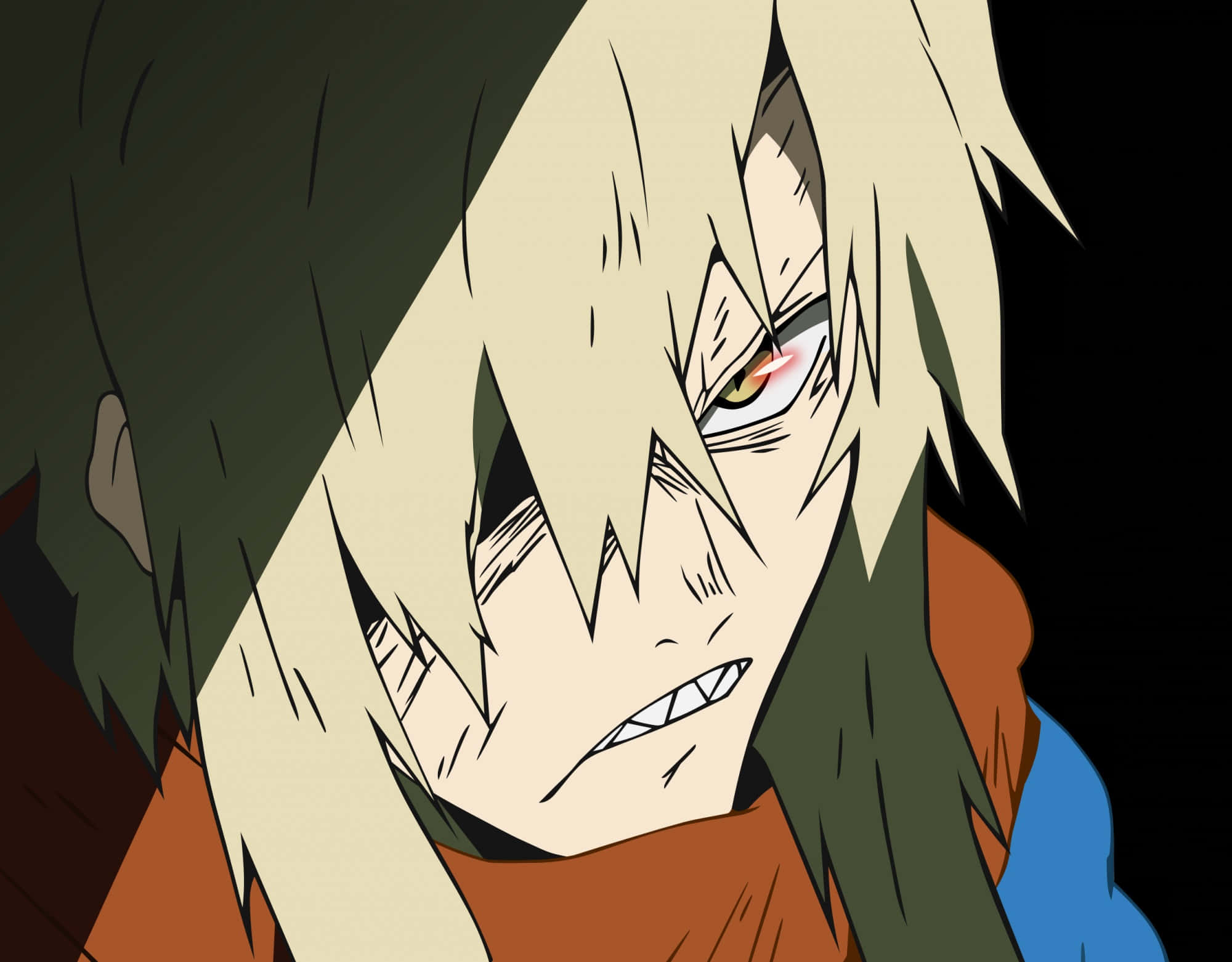 Gurren Lagann Viral 桌布 壁紙 — 一個近距離的動漫角色，擁有尖刺的金色頭髮和強烈的紅色眼睛，在黑色背景下兇狠地凝視。