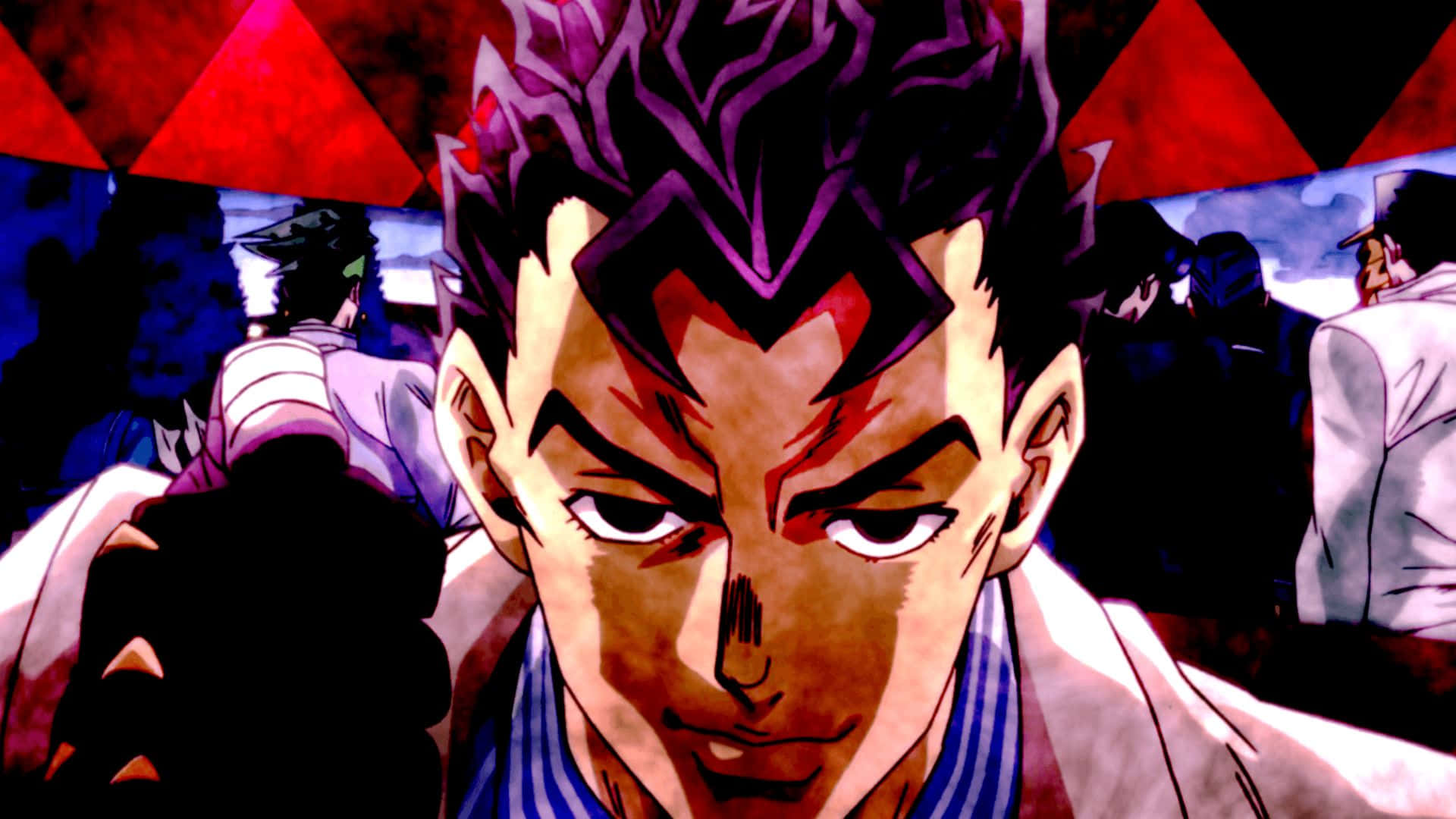 joseph joestar 桌布 壁紙 — 一個近距離的動漫角色，擁有尖刺的紫色頭髮和強烈的眼神，在紅色三角形背景前直視前方。
