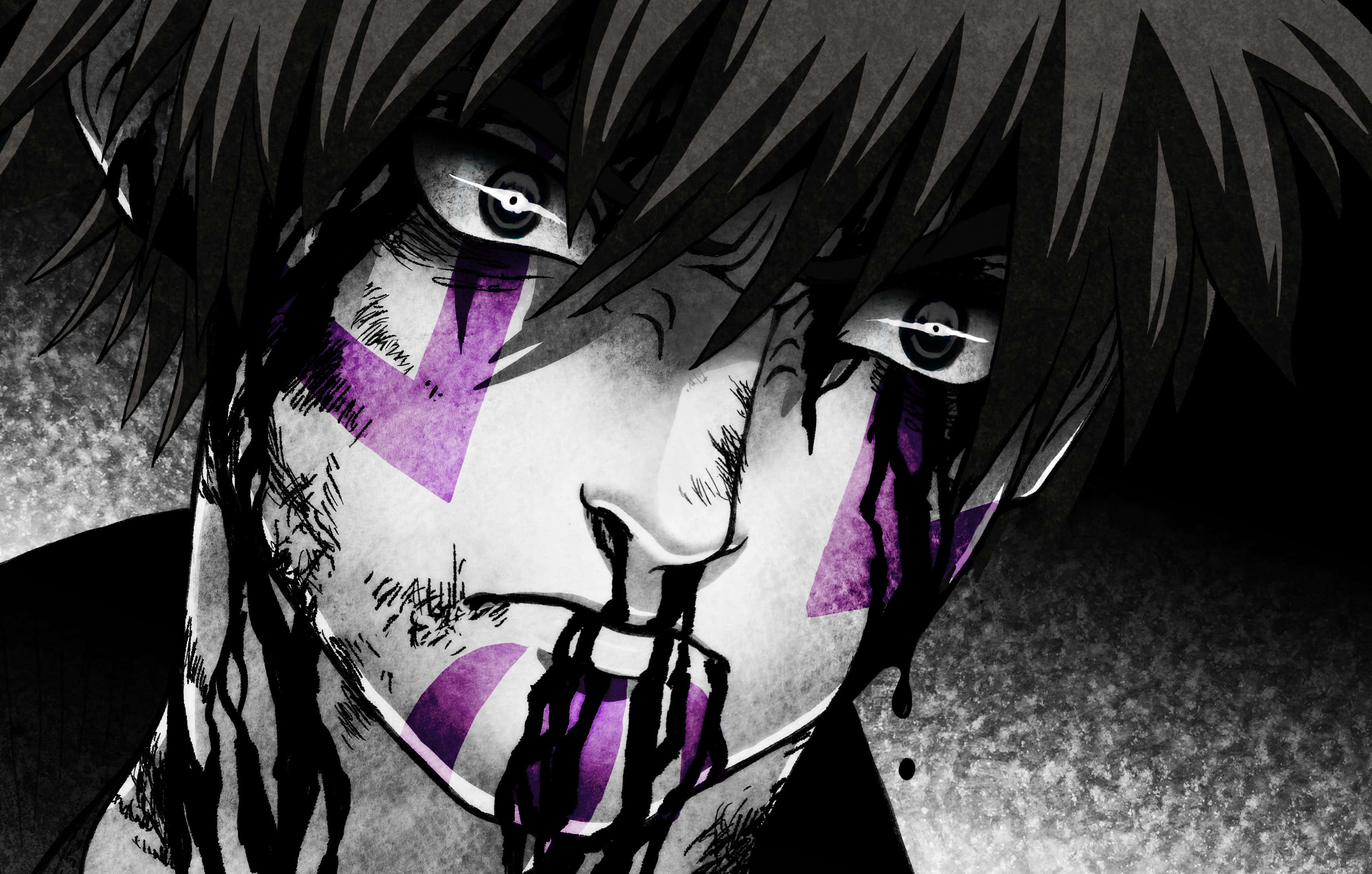 Kankuro 桌布 壁紙 — 一個近距離的動漫角色，擁有尖銳的黑髮和紫色淚水順著蒼白的臉龐流下，臉上刻有鋸齒狀的紫色符號。