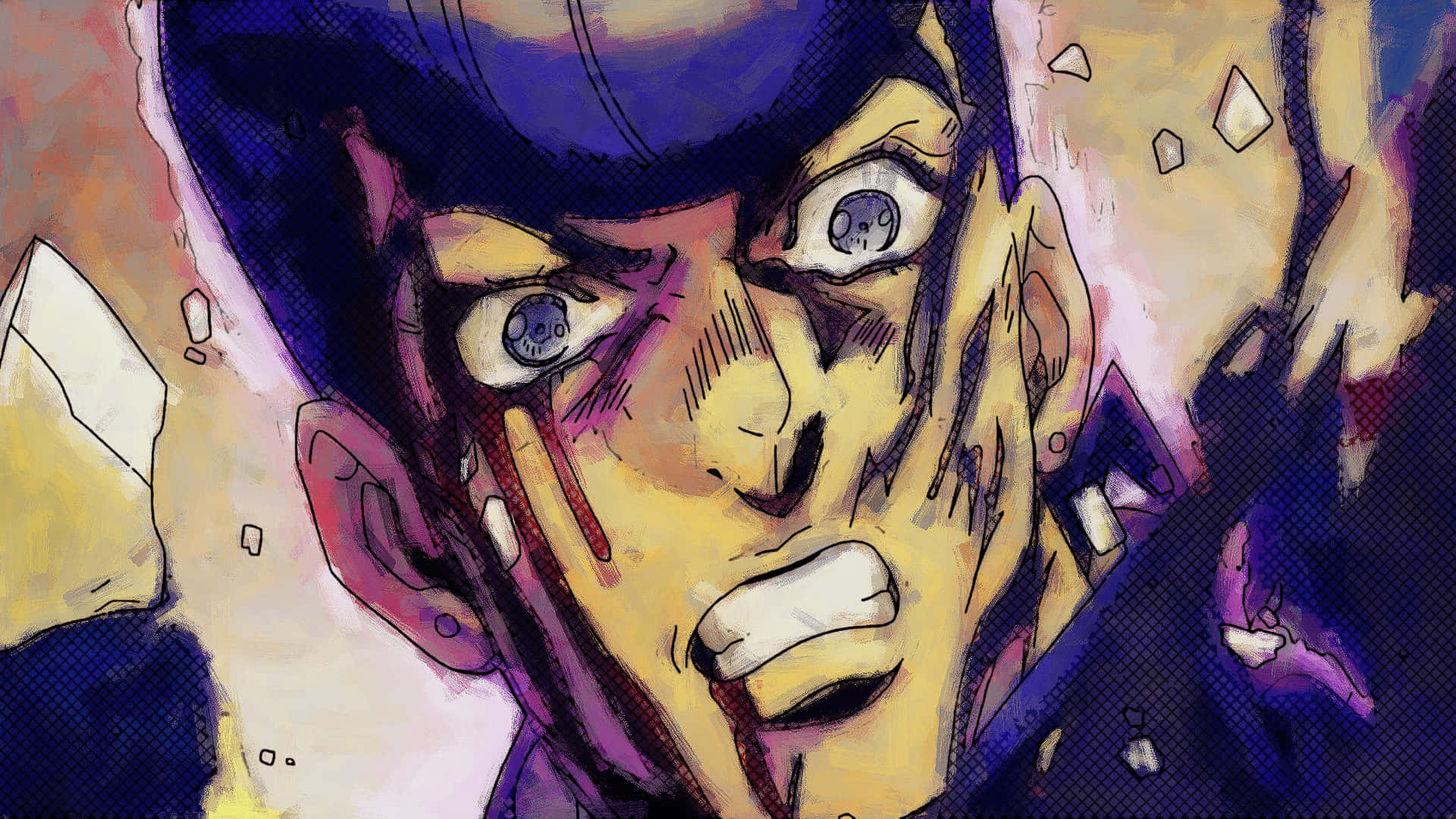 Josuke Higashikata 桌布 壁紙 — 一個近距離的動漫角色，擁有強烈的藍色眼睛和紫色頭髮，在破碎的玻璃飛過他的臉時尖叫。