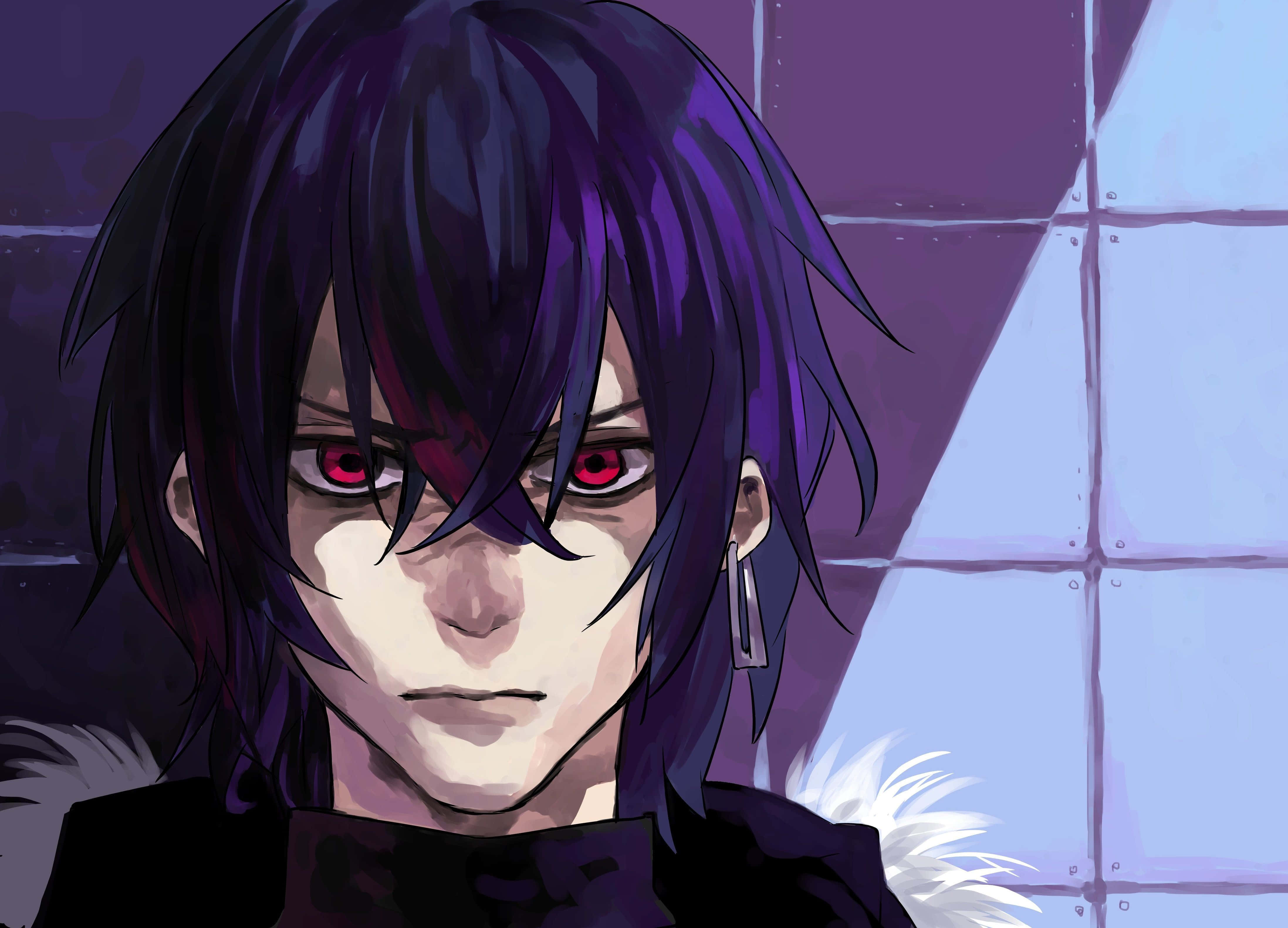 Ayato Kirishima 桌布 壁紙 — 一個近距離的動漫角色，擁有深紫色頭髮和發光的紅色眼睛，在瓷磚牆背景下強烈凝視。