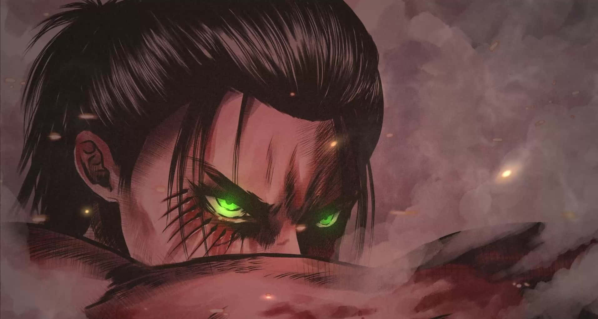 Attack On Titan The Final Season 桌布 壁紙 — 一個近距離的動漫角色，擁有發光的綠色眼睛和深色頭髮，從煙霧般的粉紅色薄霧和熾熱的火花中出現。