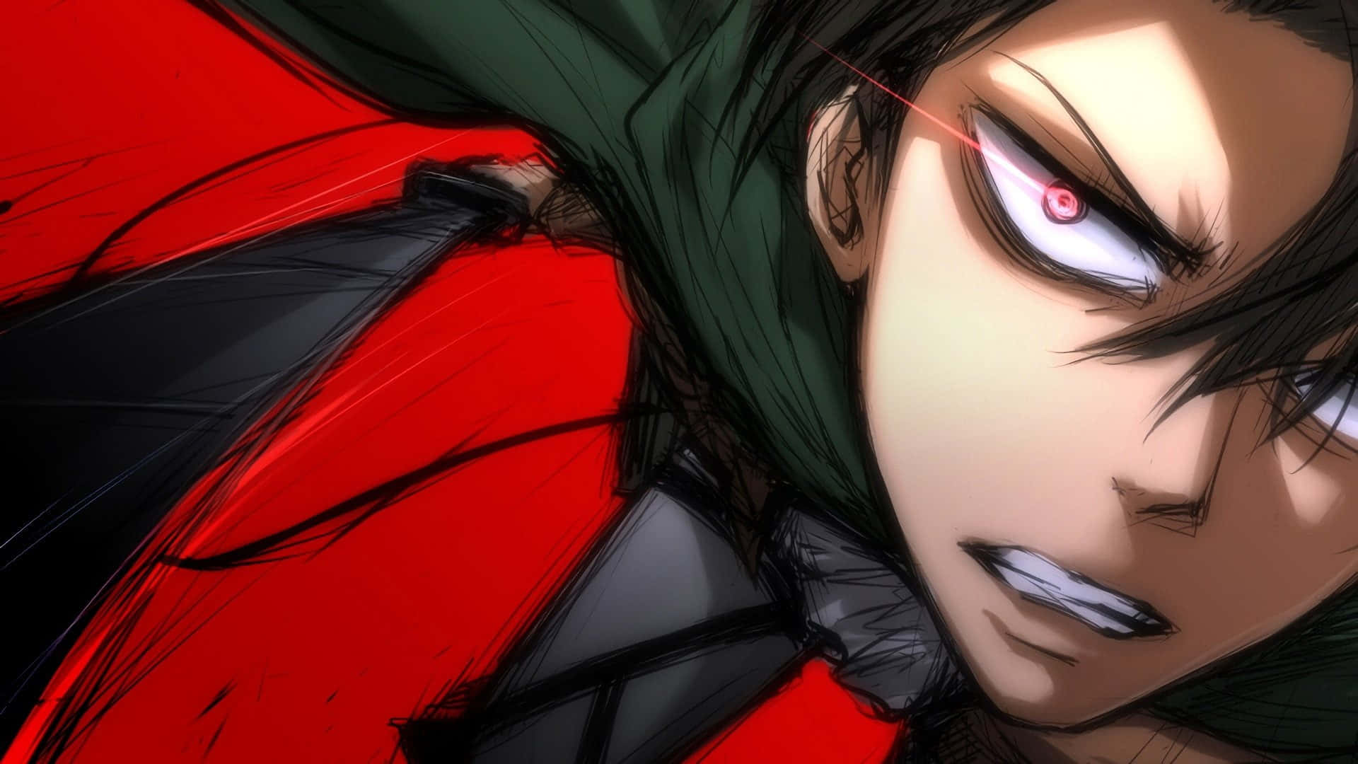 Attack On Titan Season 2 桌布 壁紙 — 一個近距離的動漫角色，擁有發光的紅色眼睛和深色頭髮，穿著紅色斗篷，專注地向前看。