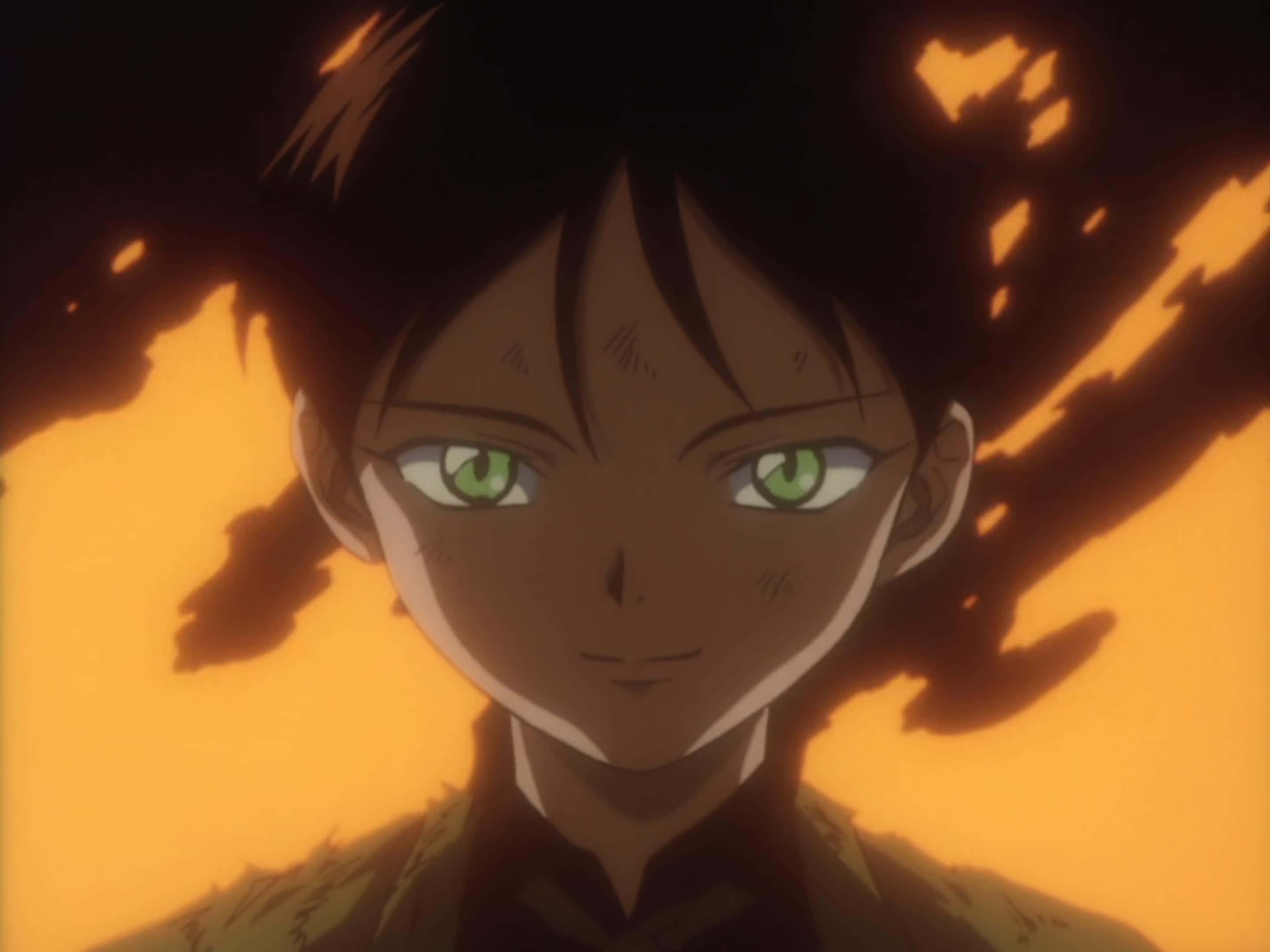 Cowboy Bebop Wen 桌布 壁紙 — 一個近距離的動漫角色，擁有綠色眼睛和深色頭髮，背景是火熱的橙色。