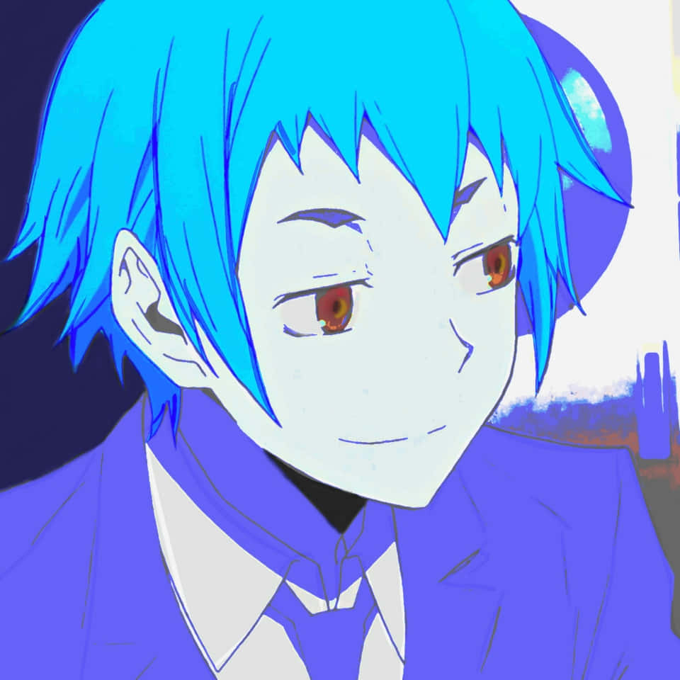 Aoba Kuronuma 桌布 壁紙 — 一個近距離的動漫角色，擁有鮮豔的藍色頭髮和琥珀色眼睛，穿著紫色西裝，背景模糊。