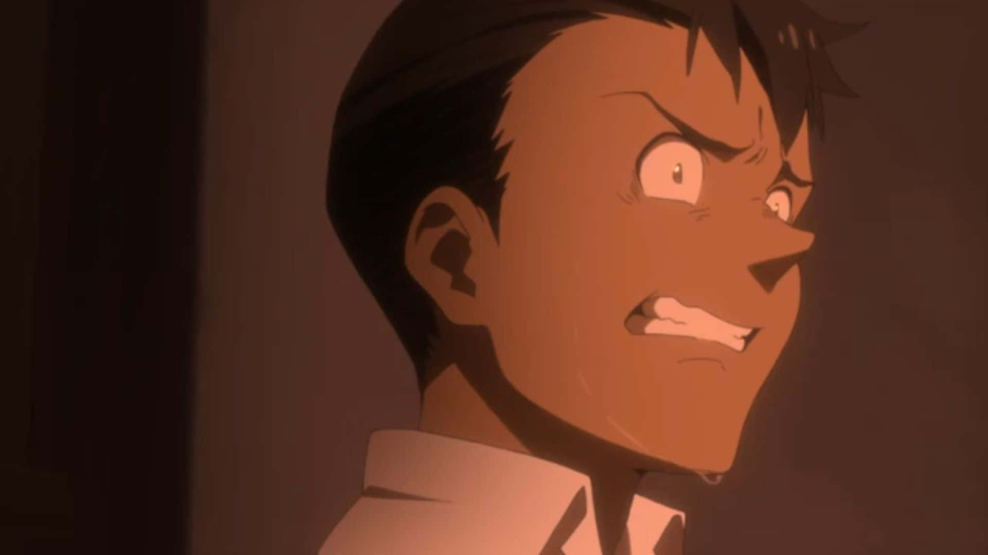 The Promised Neverland Don 桌布 壁紙 — 一個近距離的動漫角色，深色頭髮，在溫暖昏暗的燈光下表情強烈。