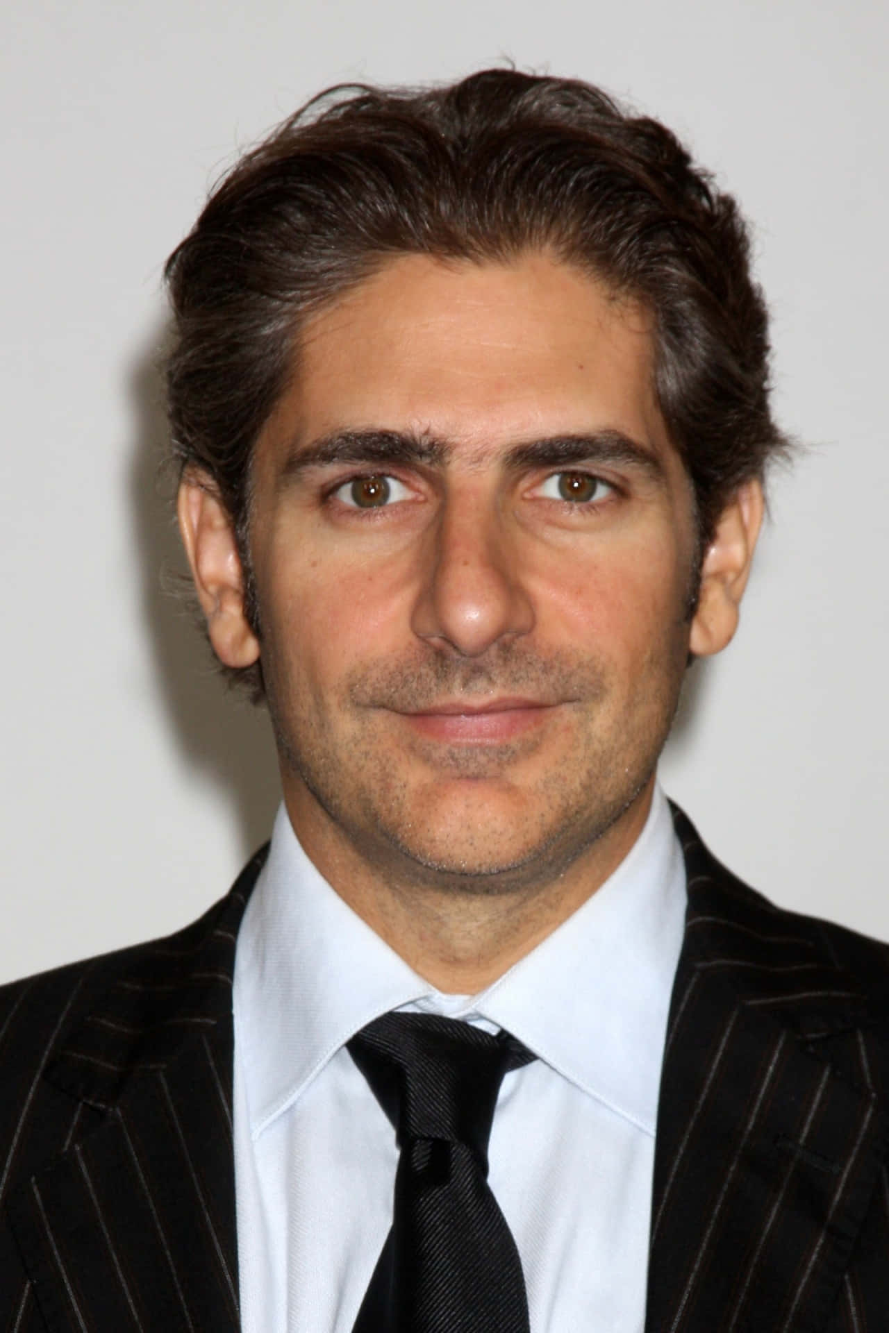 Michael Imperioli 桌布 壁紙 — 一個近距離肖像，一名深色頭髮和棕色眼睛的男子穿著細條紋西裝和黑色領帶，背景為純白色。