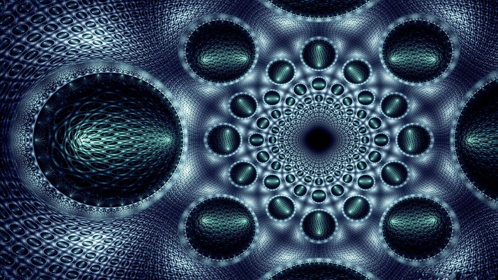 Mind-blowing 桌布 壁紙 — 一個迷人的分形圖案從中央漩渦中散發出來，帶有發光的青綠色球體和複雜的幾何紋理。