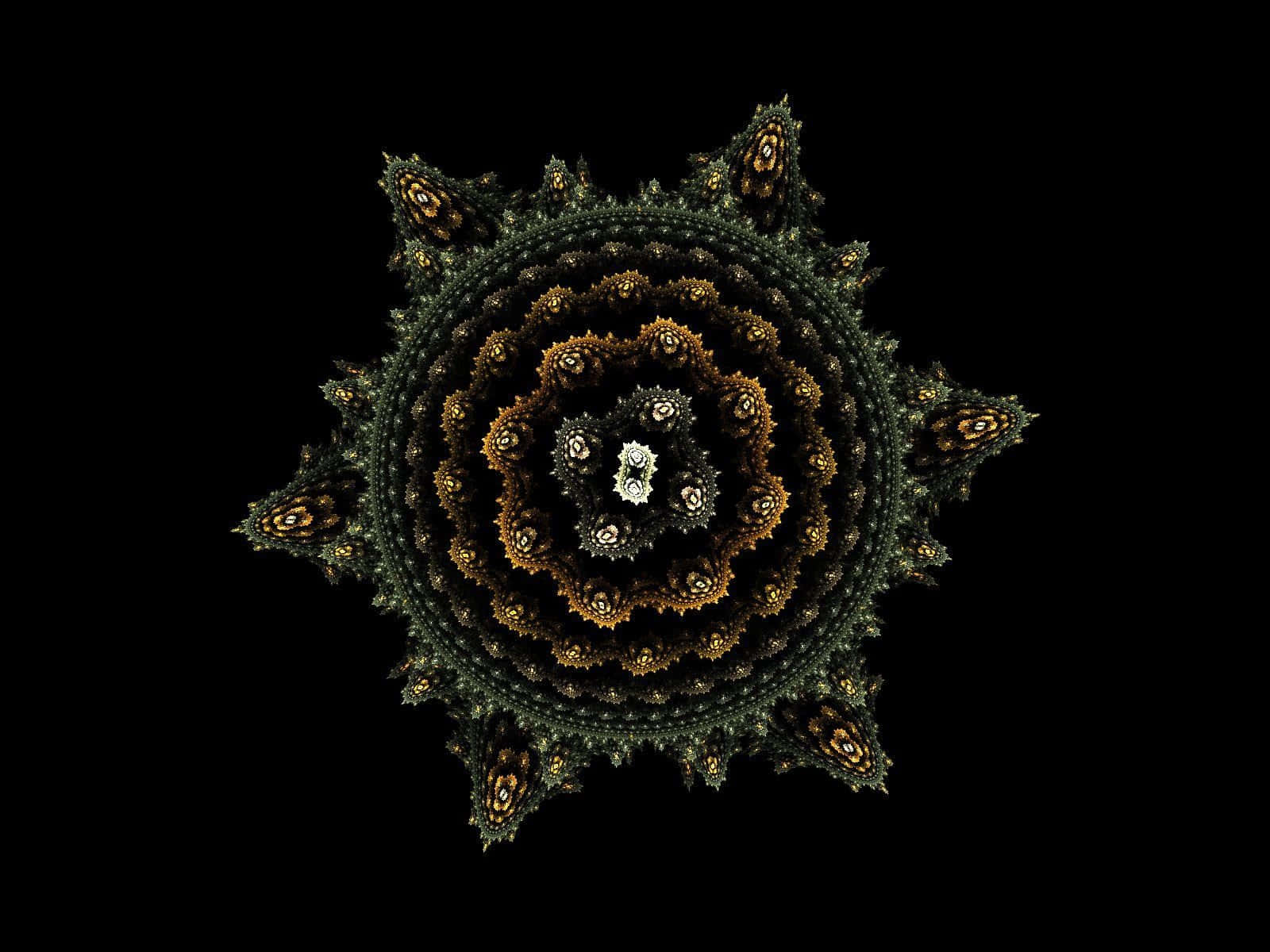 chakra 桌布 壁紙 — 一個迷人的分形曼陀羅，金色和祖母綠色的螺旋從白色核心向黑色虛空輻射。