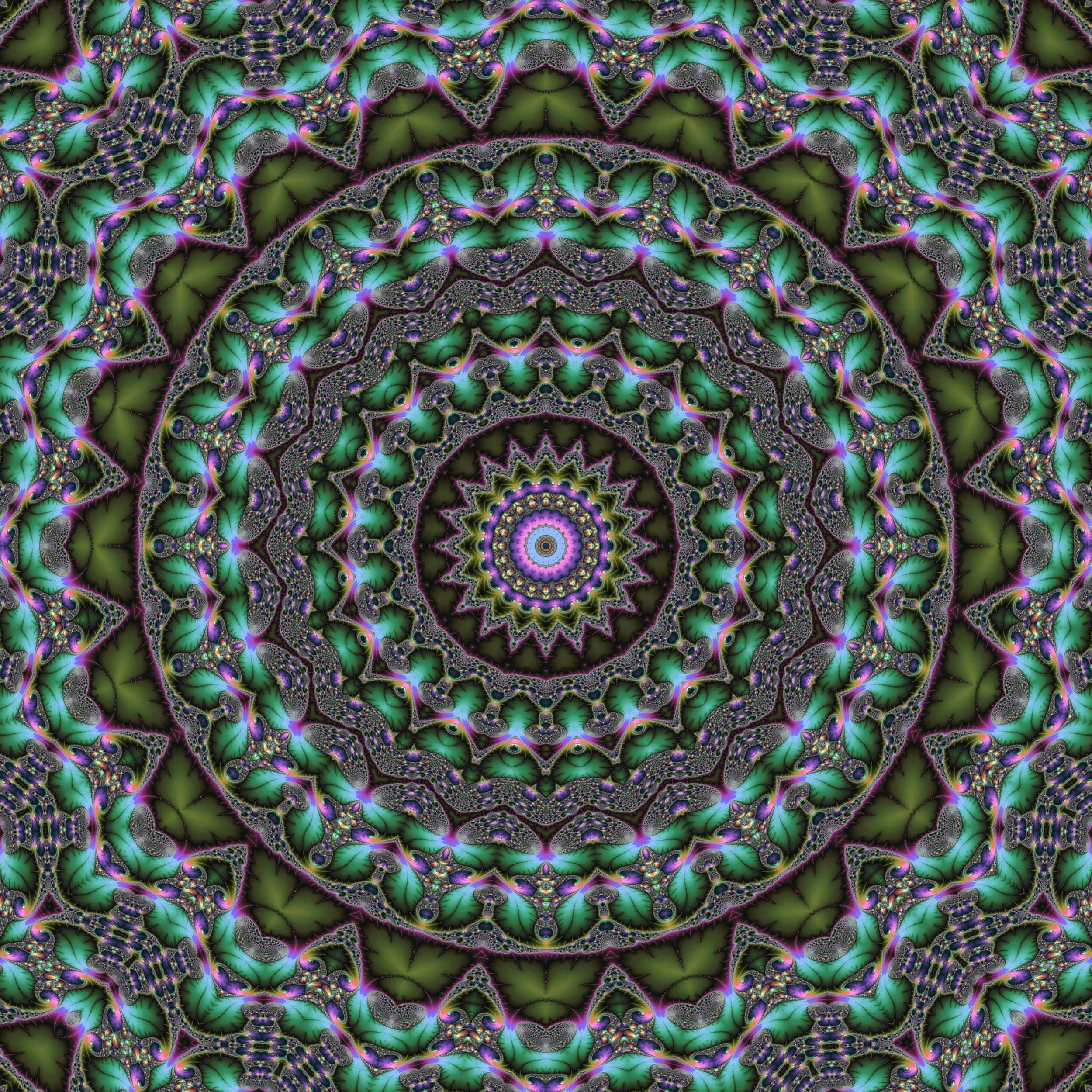 Trippy Fractals 桌布 壁紙 — 一個迷人的分形曼陀羅散發出對稱的綠色和紫色圖案，帶有發光的點綴。