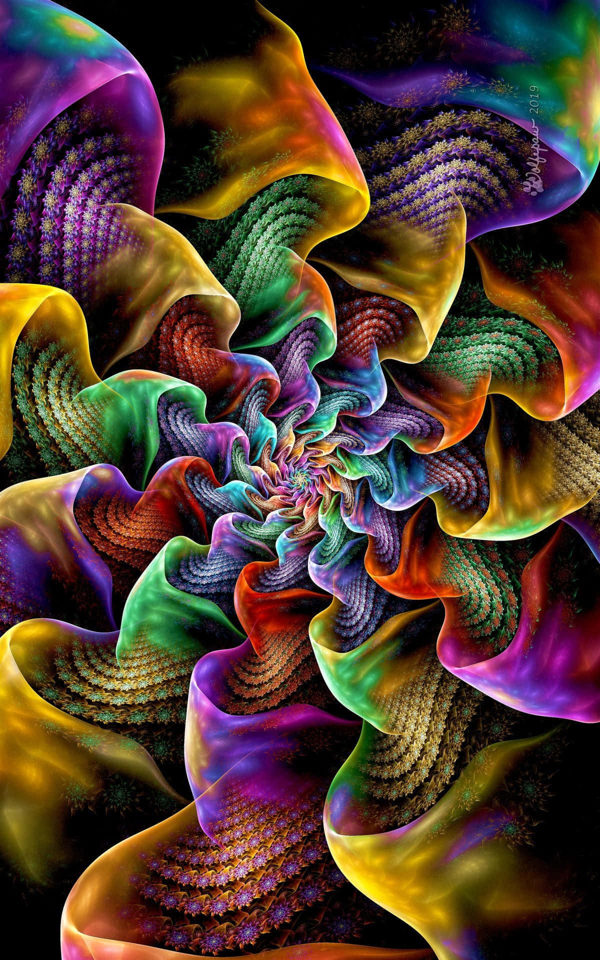 Trippy Fractals 桌布 壁紙 — 一個迷人的分形爆炸，呈現旋轉的彩虹色彩，帶有複雜的重複圖案，背景為黑色。