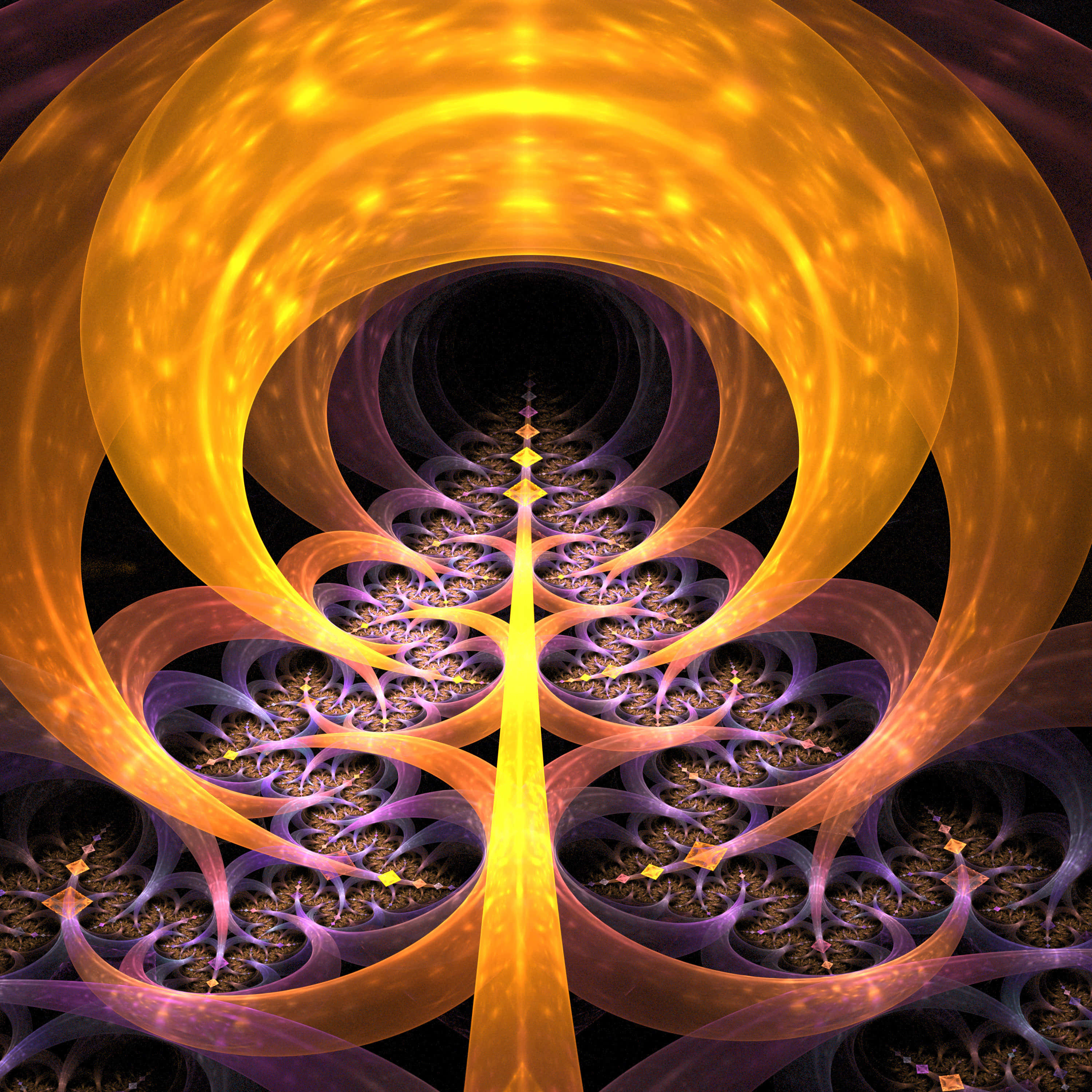 3d Abstract 桌布 壁紙 — 一個迷人的分形隧道，在黑暗虛空中以發光的橙色絲帶和紫色花卉圖案向內螺旋。