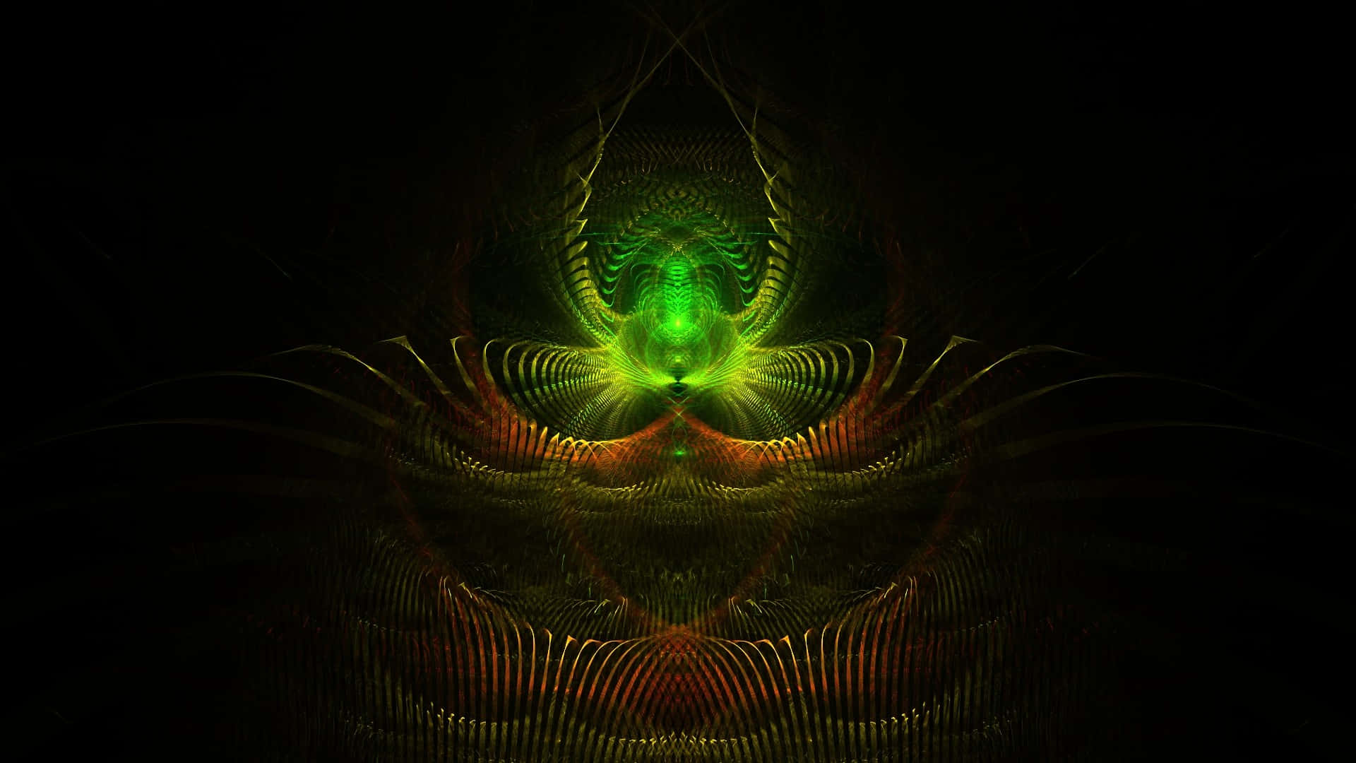 Trippy Fractals 桌布 壁紙 — 一個迷人的分形隧道，發光的綠色和橙色絲帶在黑色虛空中螺旋進入一個光芒四射的核心。