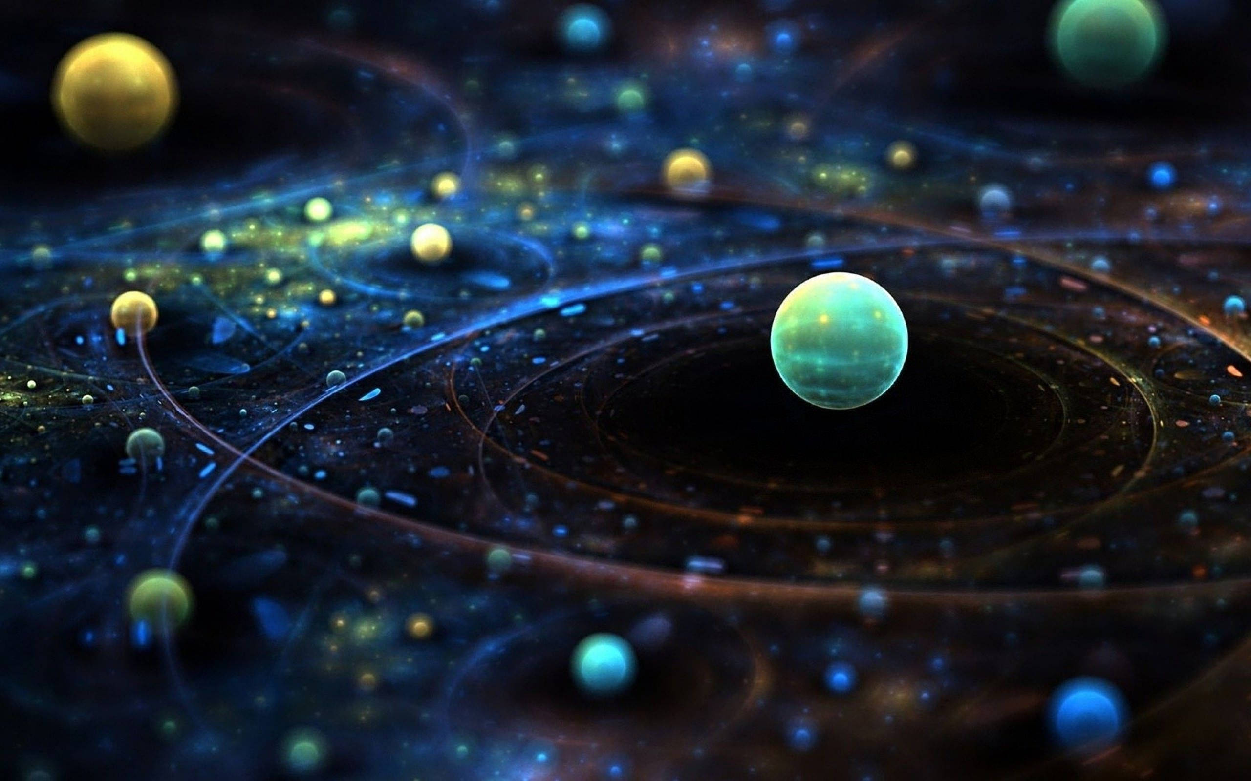 Solar System 桌布 壁紙 — 一個迷人的宇宙場景，有發光的行星和深藍色與金色的漩渦星雲。