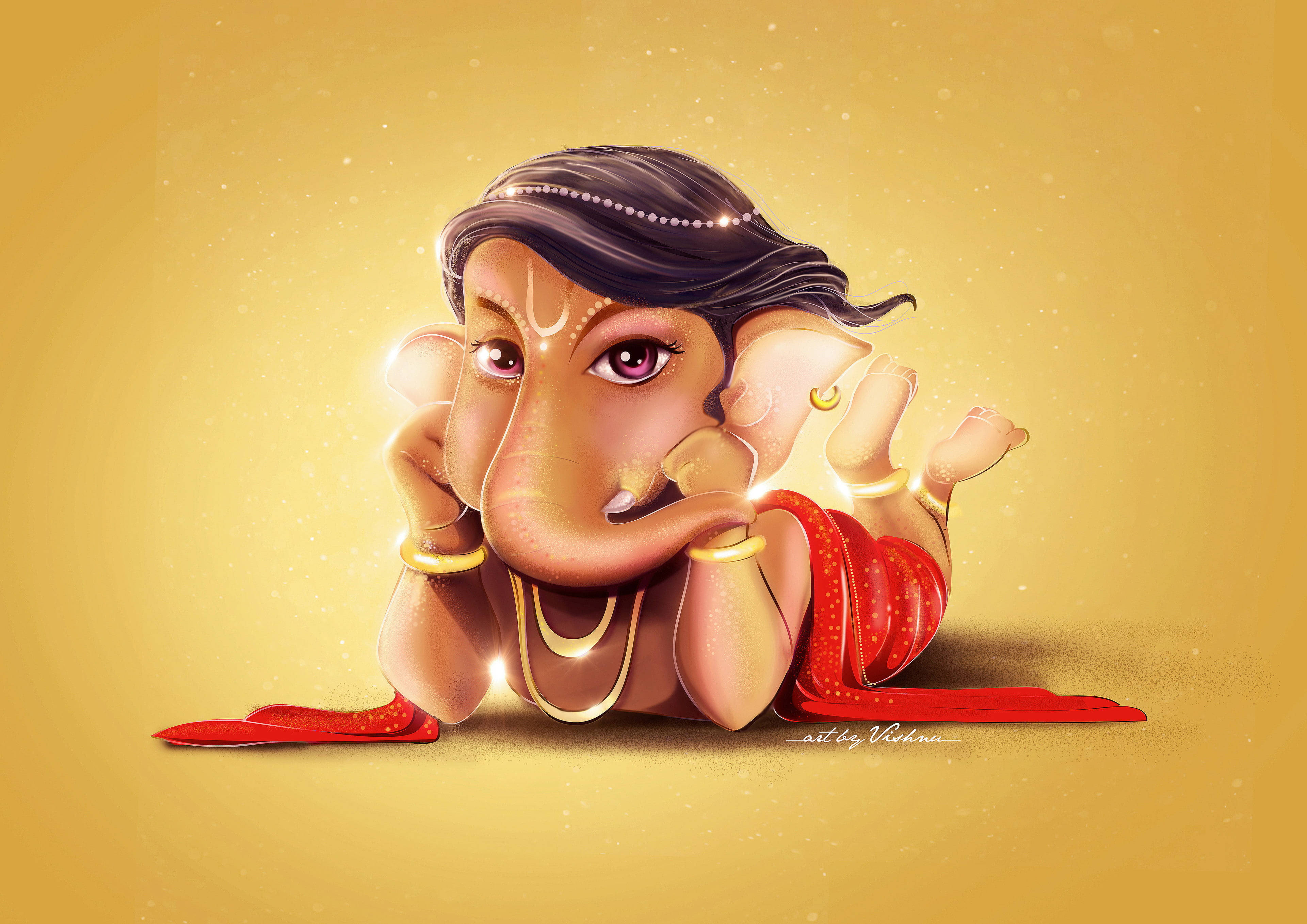Ganesh Chaturthi 桌布 壁紙 — 一個迷人的插圖小象神在金色背景上穿著紅色腰布和黃金首飾，帶有閃爍的光效，悠閒地躺著。