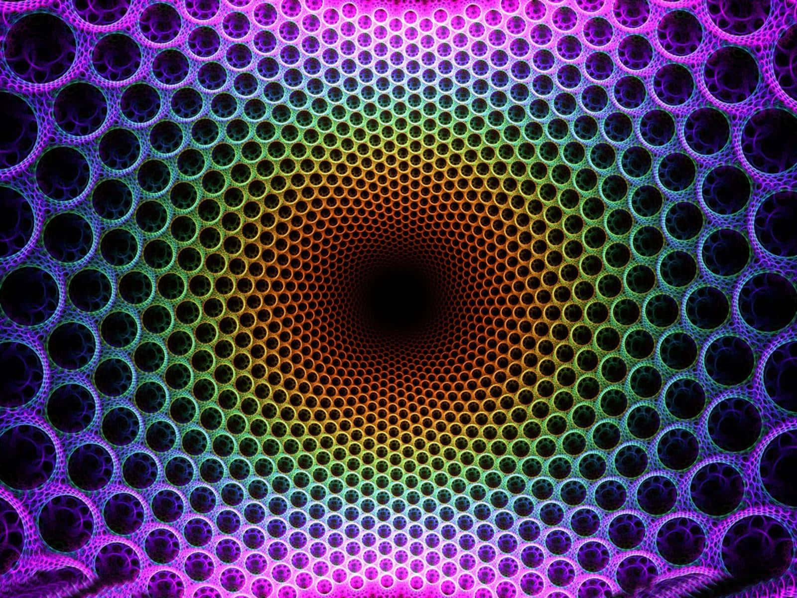 Trippy 3d Art 桌布 壁紙 — 一個迷人的放射狀圖案，由彩虹色調的發光圓圈匯聚成一個黑暗的漩渦中心。