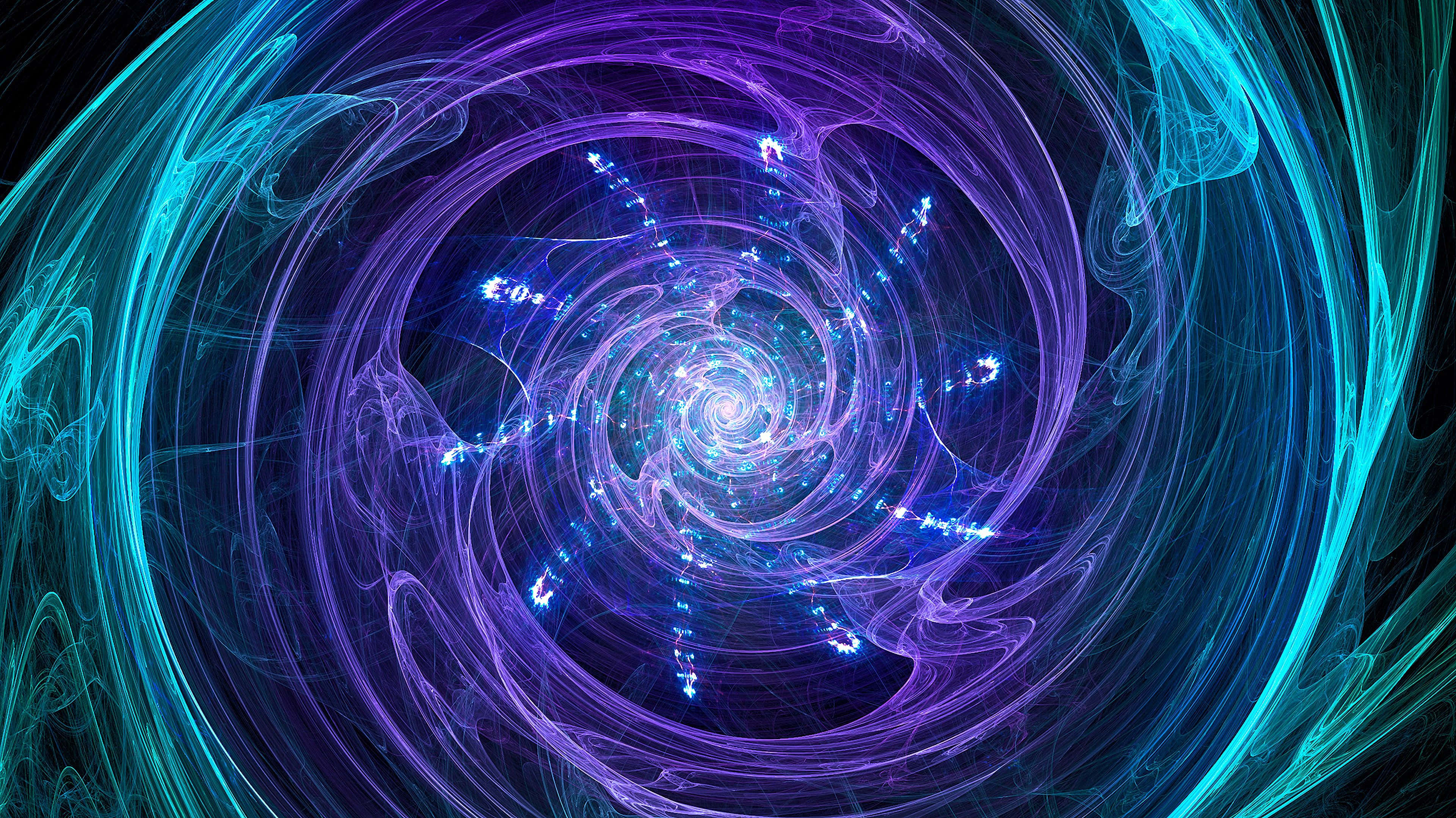 Trippy Fractals 桌布 壁紙 — 一個迷人的數位螺旋渦流，由發光的藍色和紫色能量向內旋轉，映襯著黑色虛空。