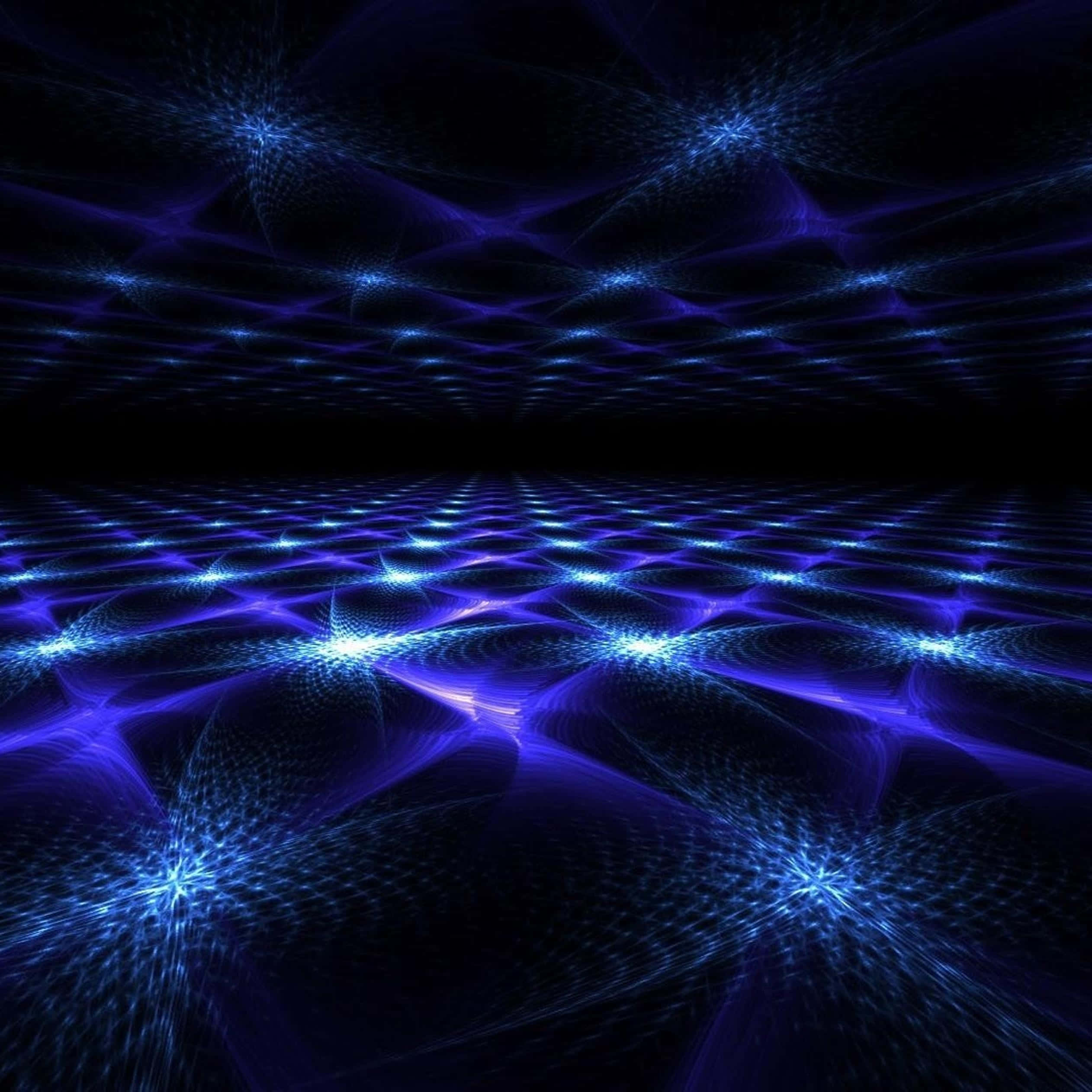 Dark Abstract Art 桌布 壁紙 — 一個迷人的數碼分形景觀，帶有在黑暗表面上輻射的發光藍色星爆圖案。