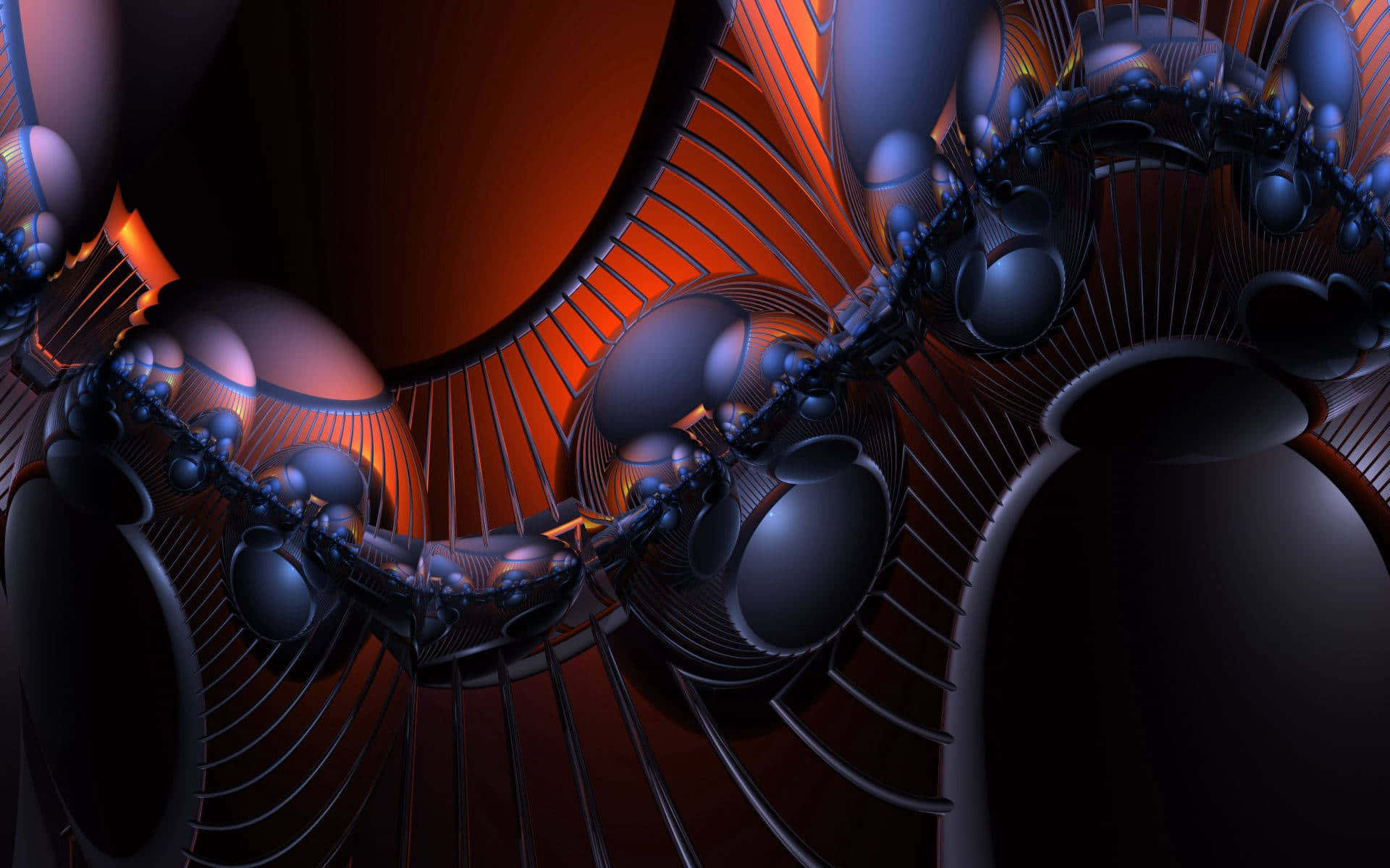 3d Graphics 桌布 壁紙 — 一個迷人的數碼分形藝術作品，發光的橙色和深藍色球體與金屬絲帶交織成對稱的螺旋圖案。