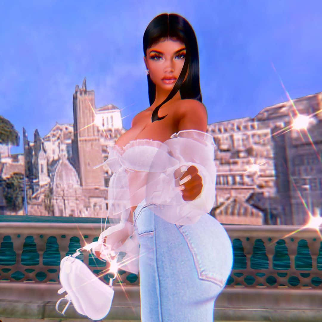imvu 桌布 壁紙 — 一個迷人的數碼化身，身穿透視露肩上衣和牛仔褲，自信地站在陽台上，俯瞰陽光普照的歐洲城市景觀，伴隨著閃爍的鏡頭光暈。