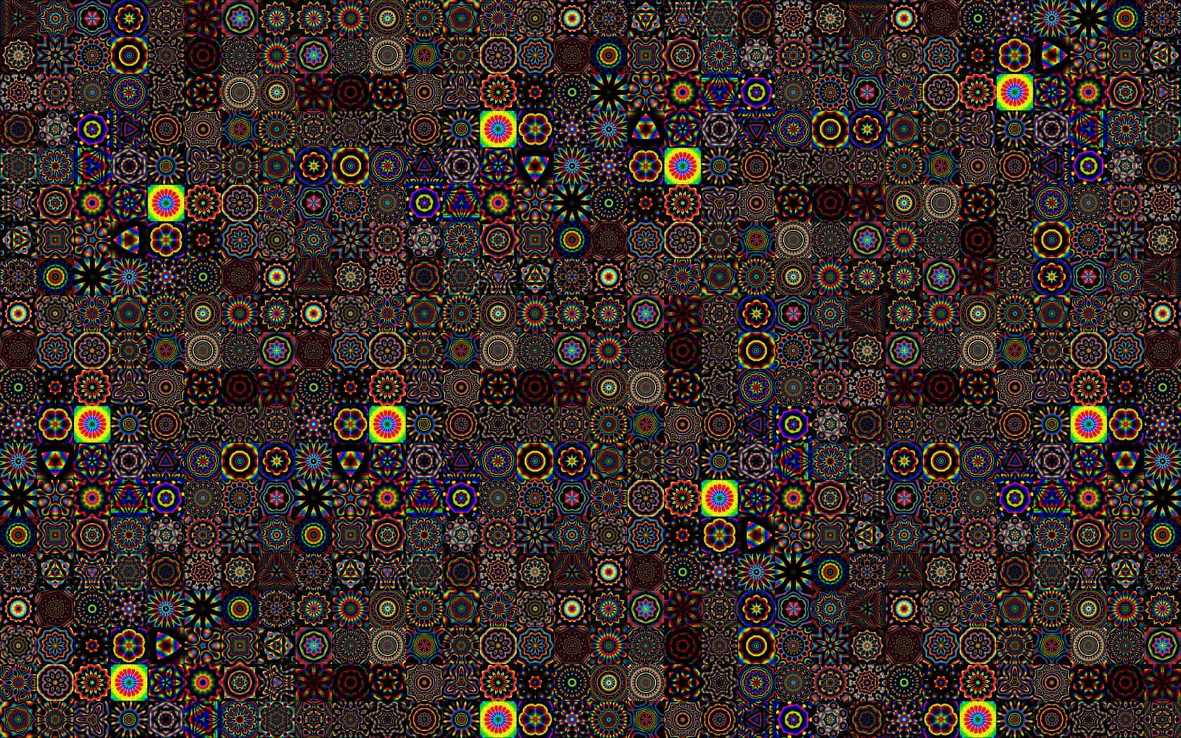 Optical Illusions 桌布 壁紙 — 一個迷人的數碼圖案，由重複的幾何曼陀羅形狀組成，在深色背景上散發出鮮豔的彩虹色調。