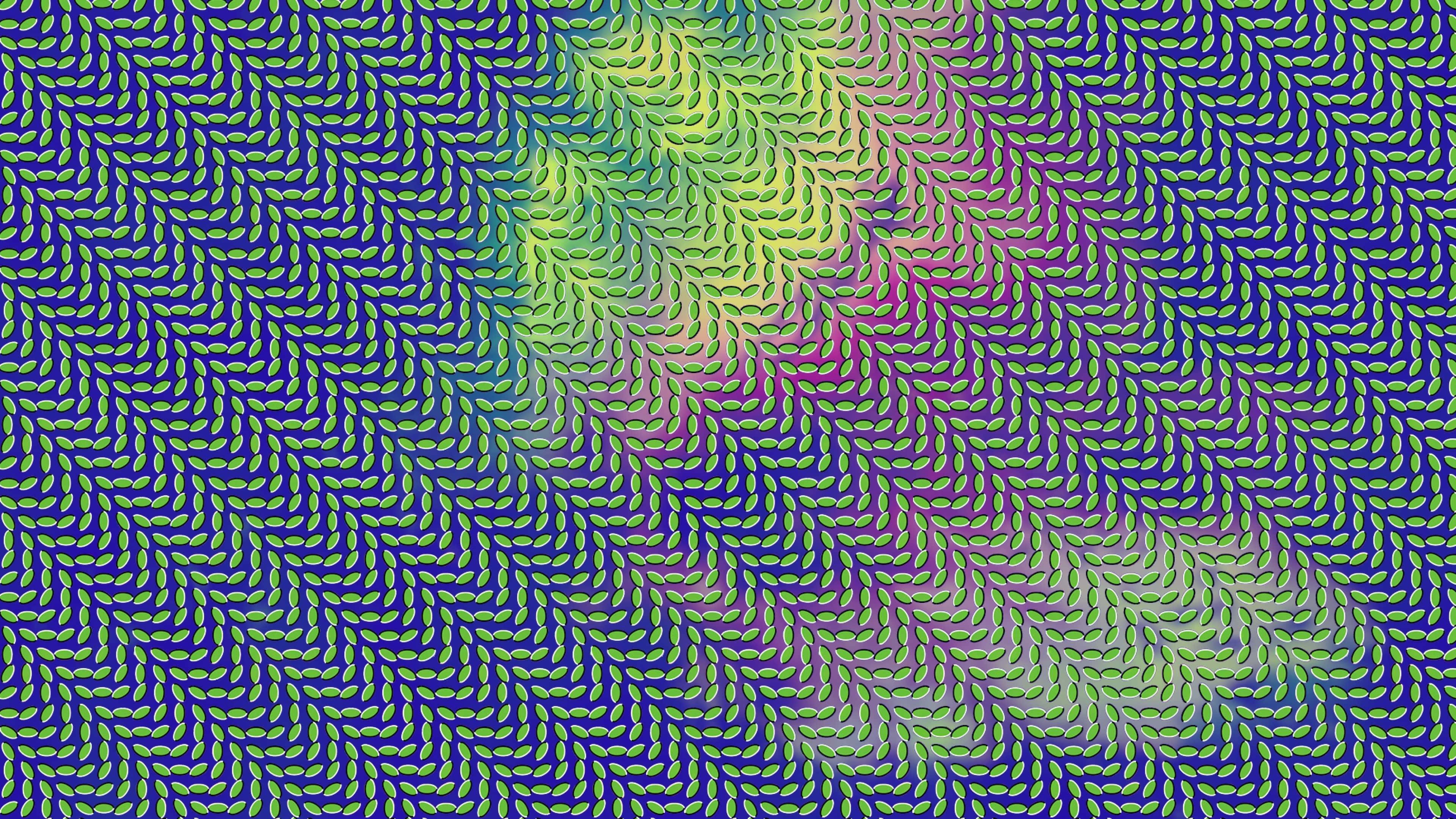 幻覺 桌布 壁紙 — 一個迷人的數碼圖案，重複的葉子形狀沿著藍色、綠色和紫色的漸變對角流動。