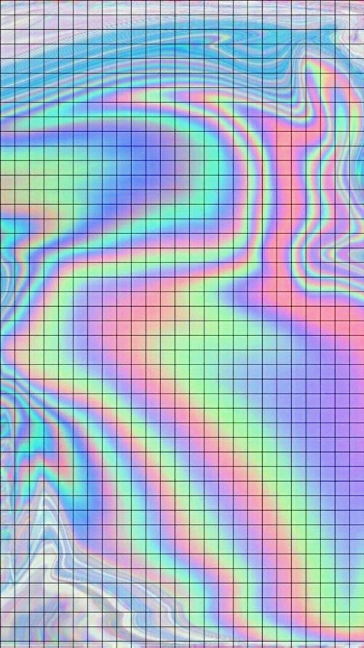 Grid Aesthetic 桌布 壁紙 — 一個迷人的數碼抽象圖案，在網格背景上流動著彩虹色調。