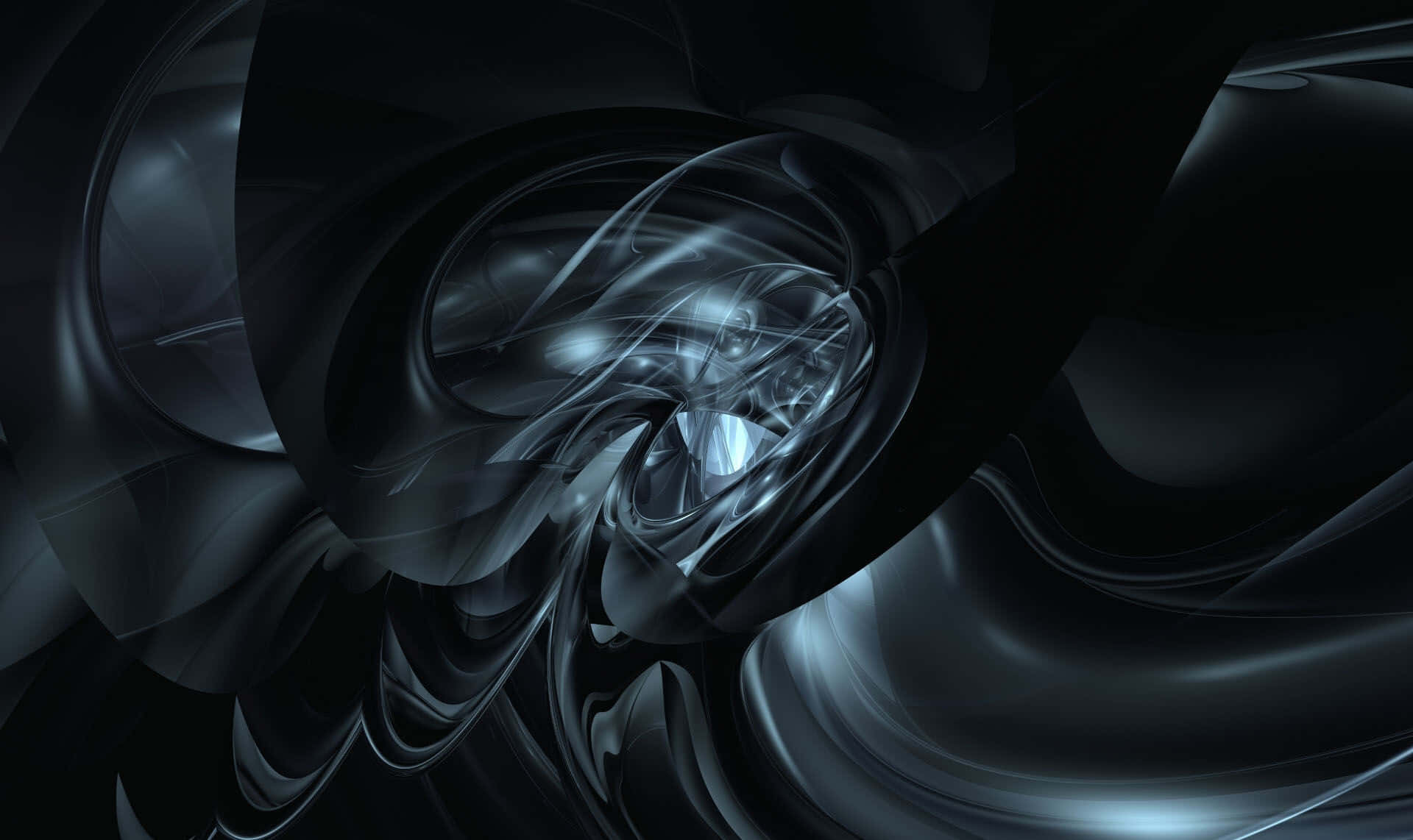 Dark Energy 桌布 壁紙 — 一個迷人的數碼隧道，由旋轉的深銀色和黑色組成，帶有發光的燈光點綴。