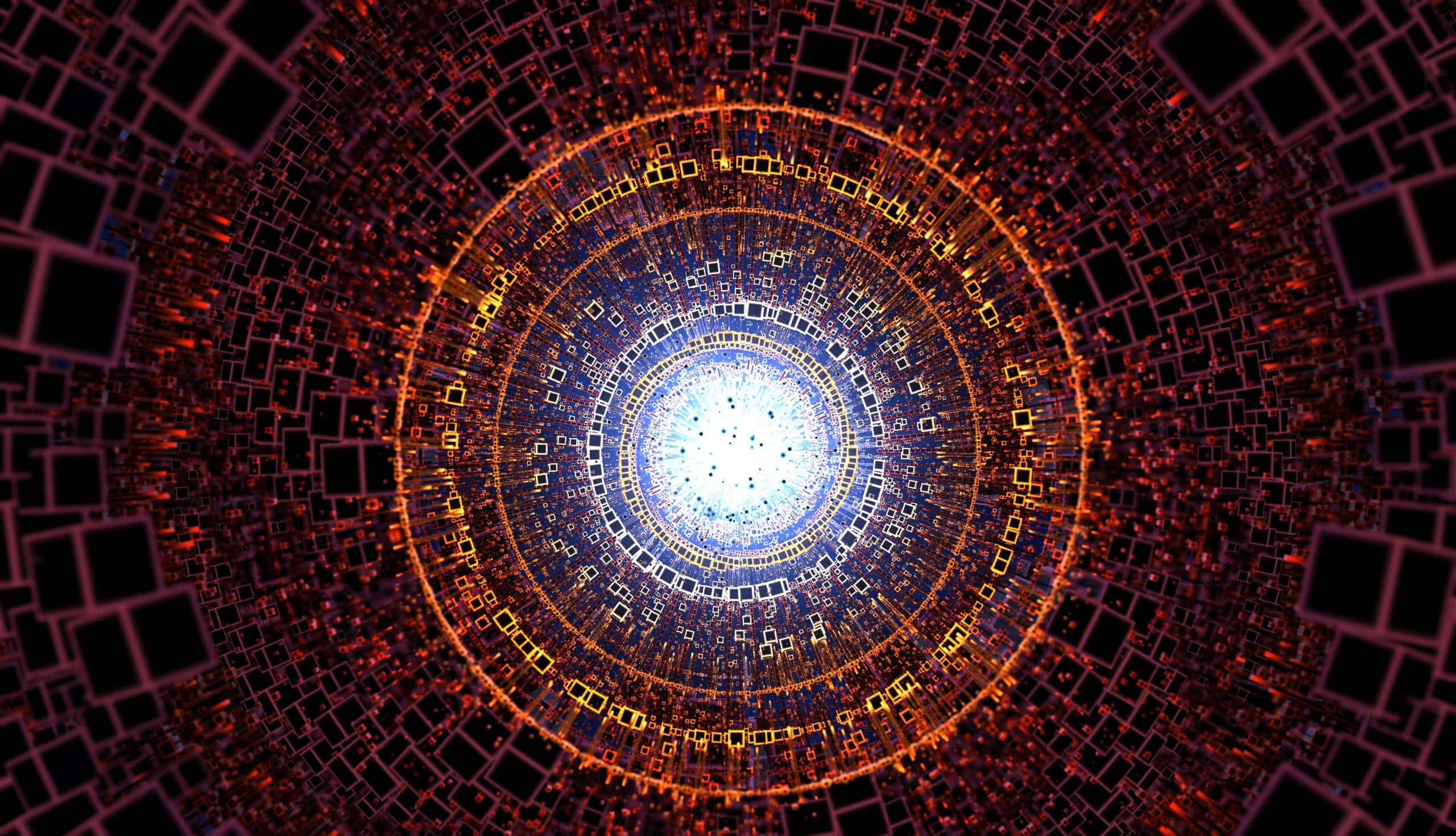 dmt 桌布 壁紙 — 一個迷人的數碼隧道，由發光的橙色和藍色幾何正方形螺旋向內，朝向一個光芒四射的白色核心。