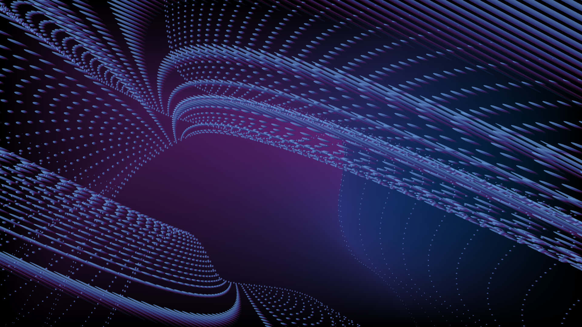 3d Technology 桌布 壁紙 — 一個迷人的數碼隧道，由發光的紫色和藍色線條及圓點在深色背景上向內彎曲形成。
