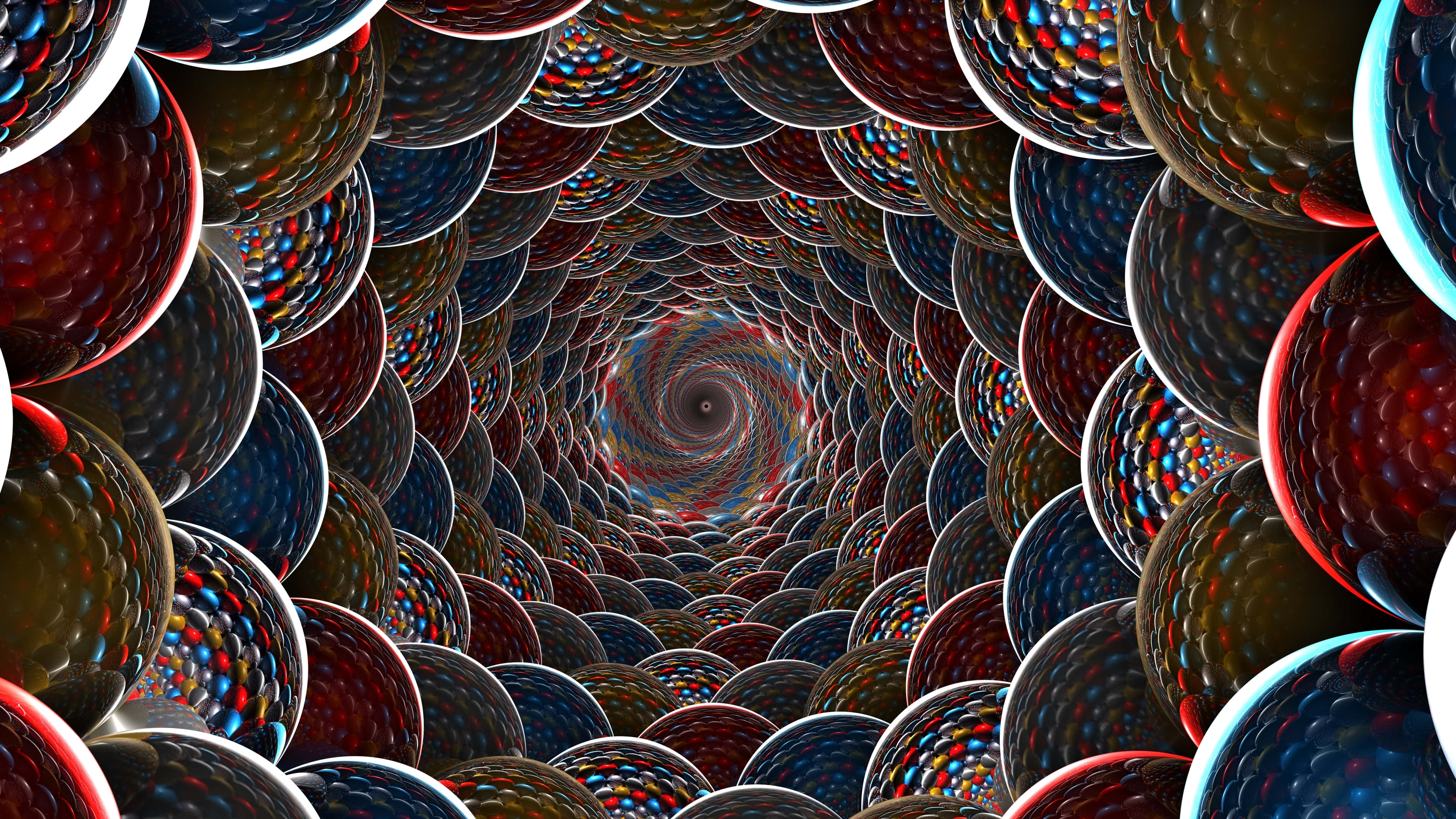 3d Graphics 桌布 壁紙 — 一個迷人的數碼隧道，通過一排排帶有虹彩紅、藍和金高光的光澤球體向內螺旋。